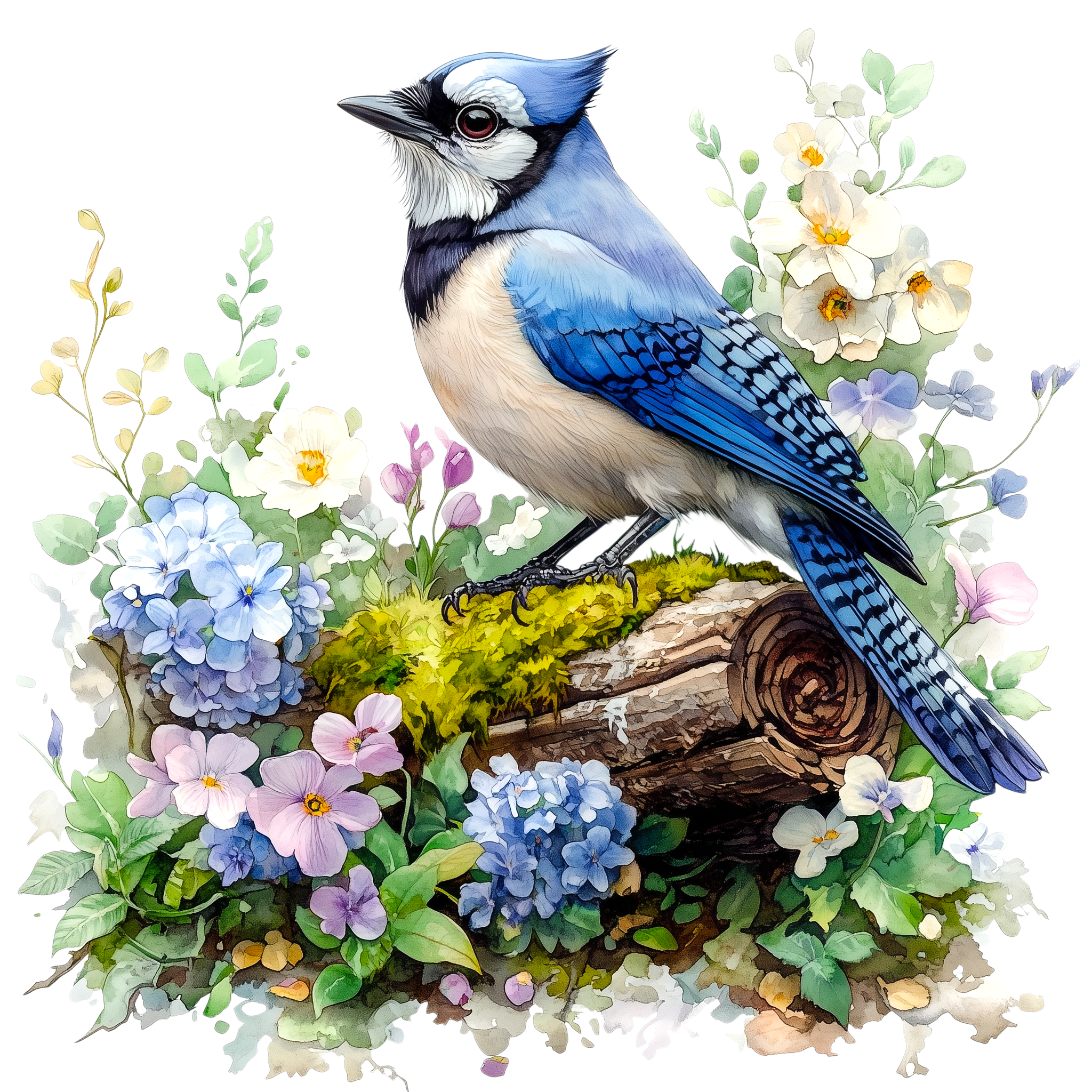 Blue Jay Woodland Flowers Watercolor DTF Transfer