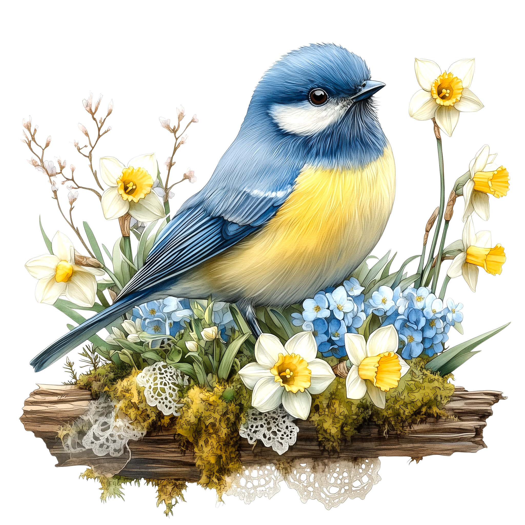 Blue Tit Daffodil Garden Watercolor DTF Transfer