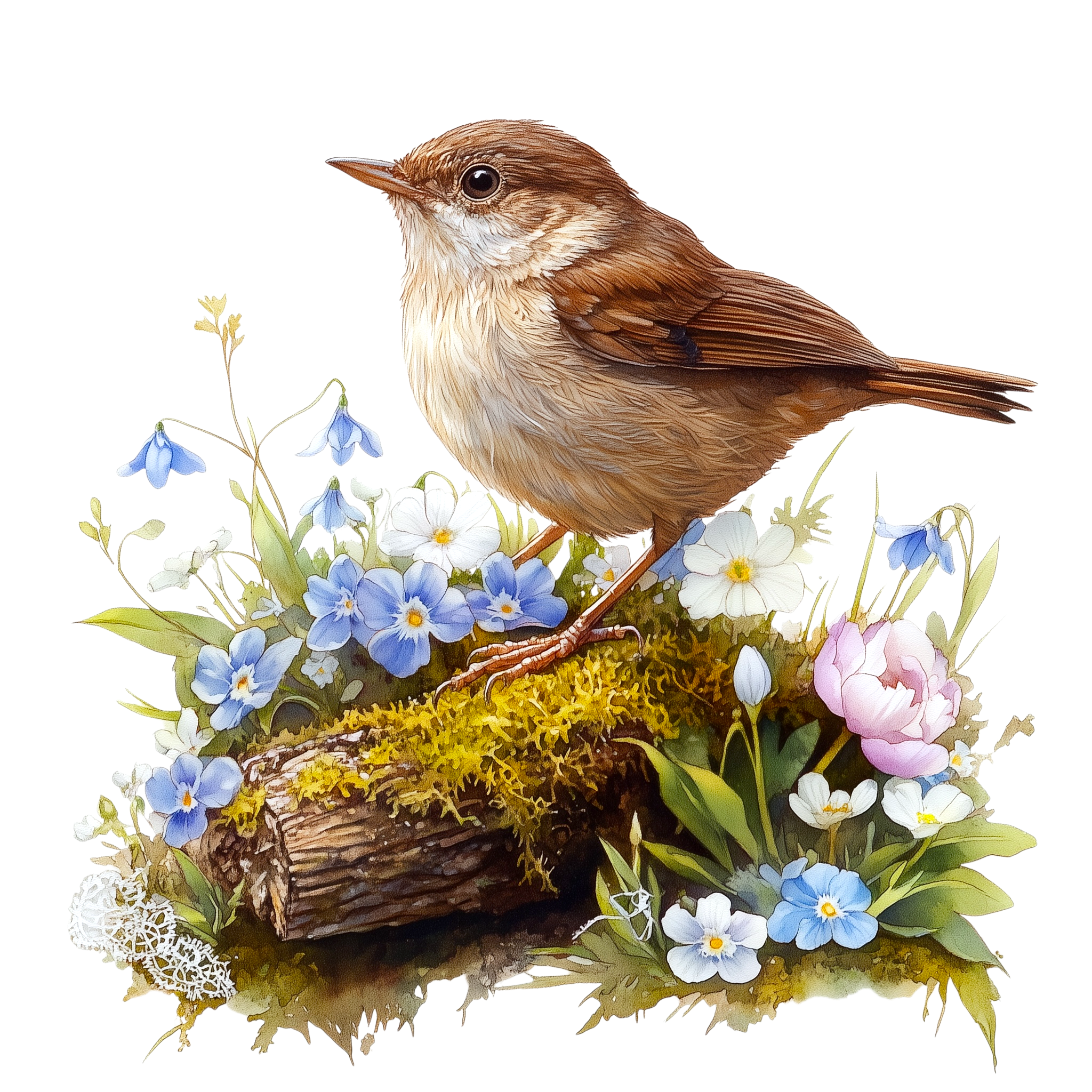 Brown Wren Wildflower Garden Watercolor DTF Transfer