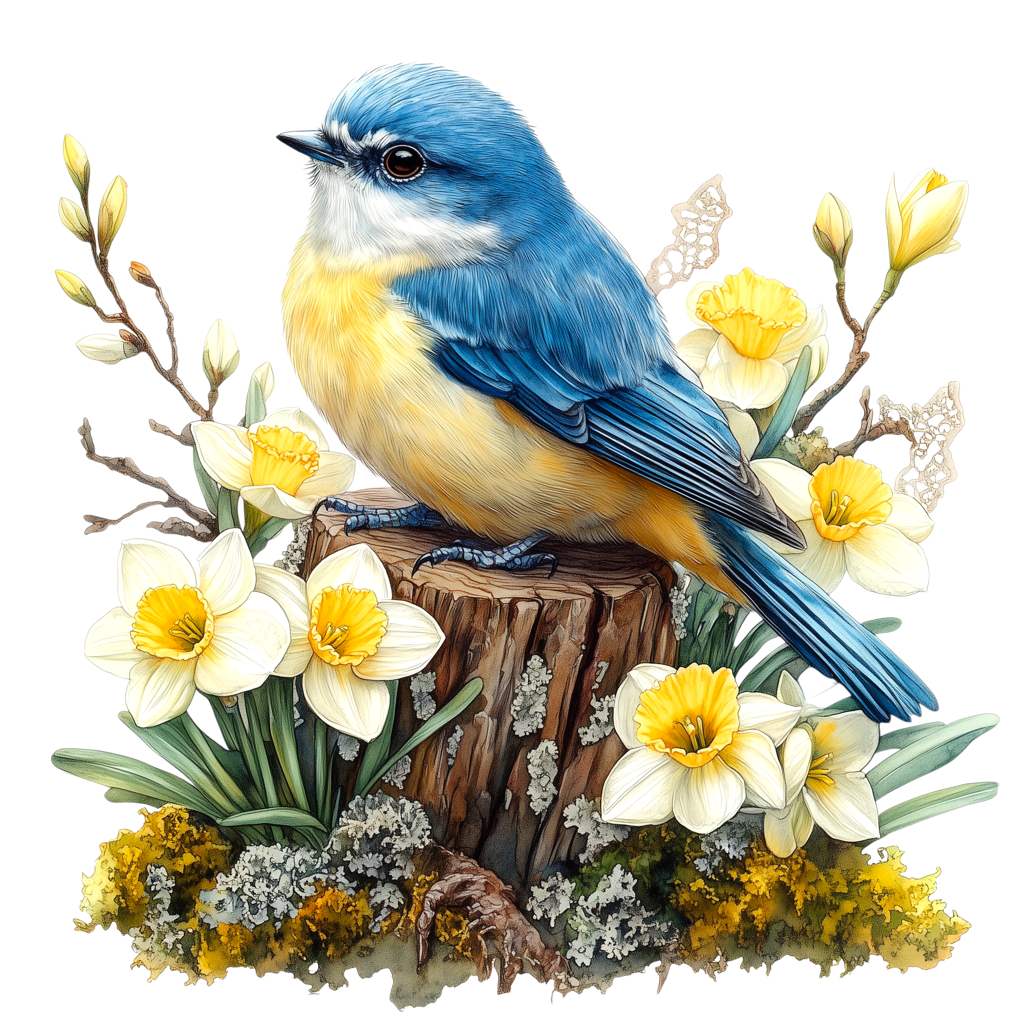 Bluebird Daffodil Garden Watercolor DTF Transfer
