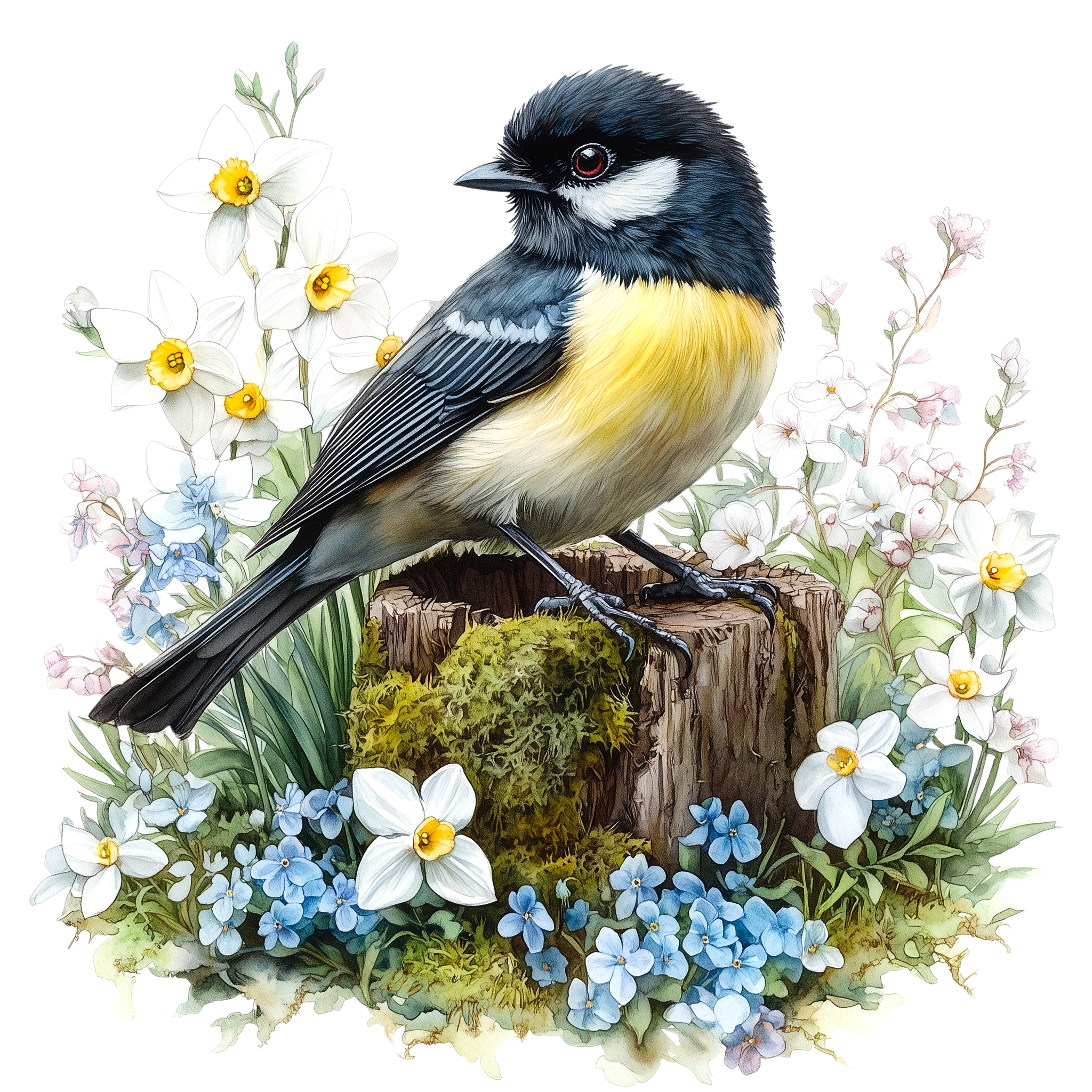 Great Tit Spring Flowers Watercolor DTF Transfer