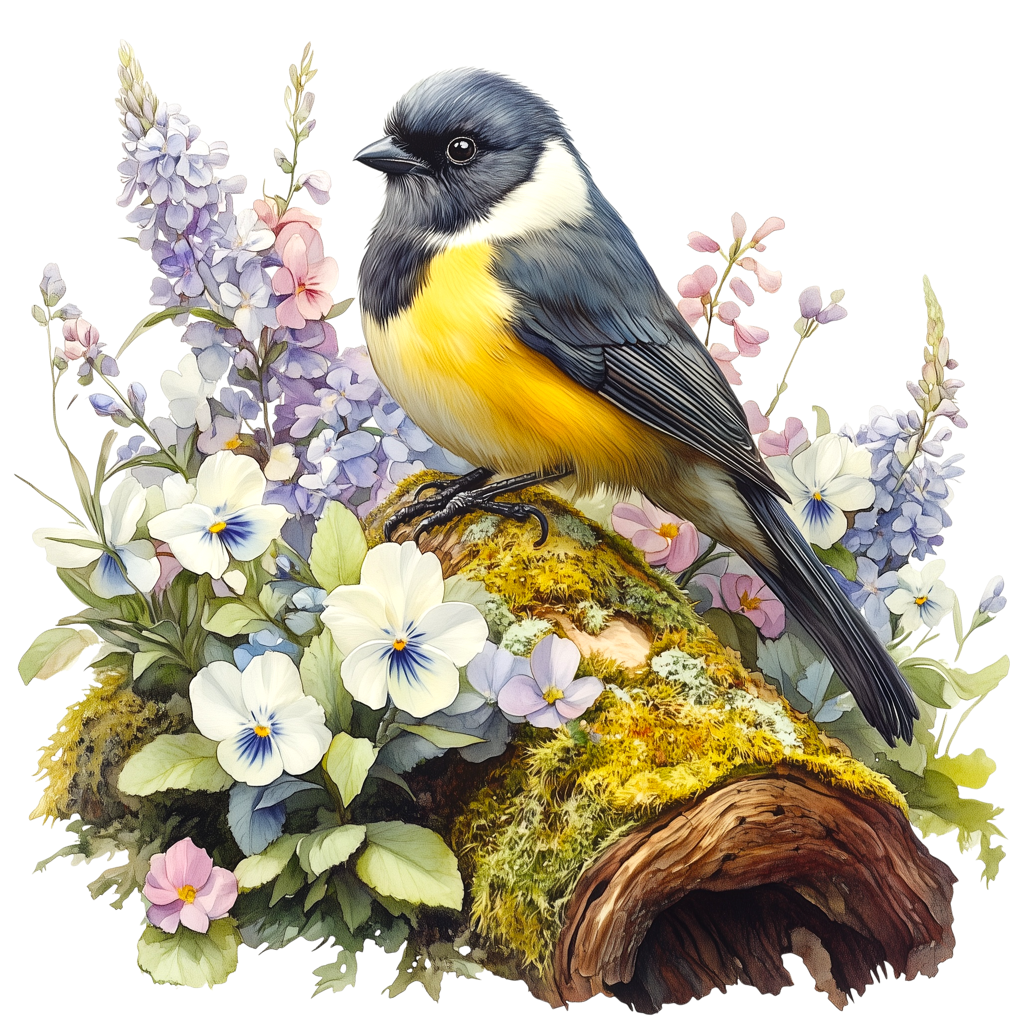 Great Tit Floral Woodland Watercolor DTF Transfer