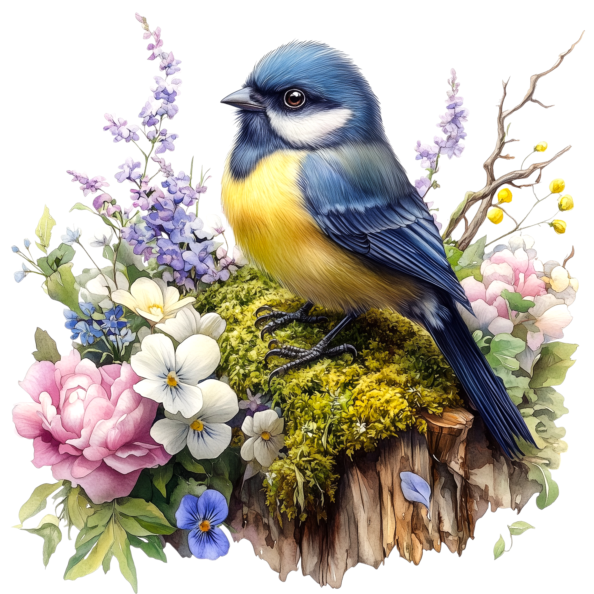Blue Tit Wildflower Garden Watercolor DTF Transfer