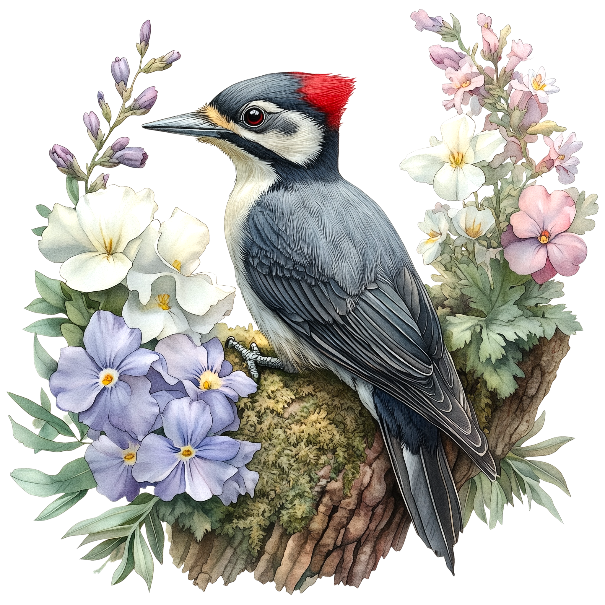Downy Woodpecker Floral Watercolor DTF Transfer