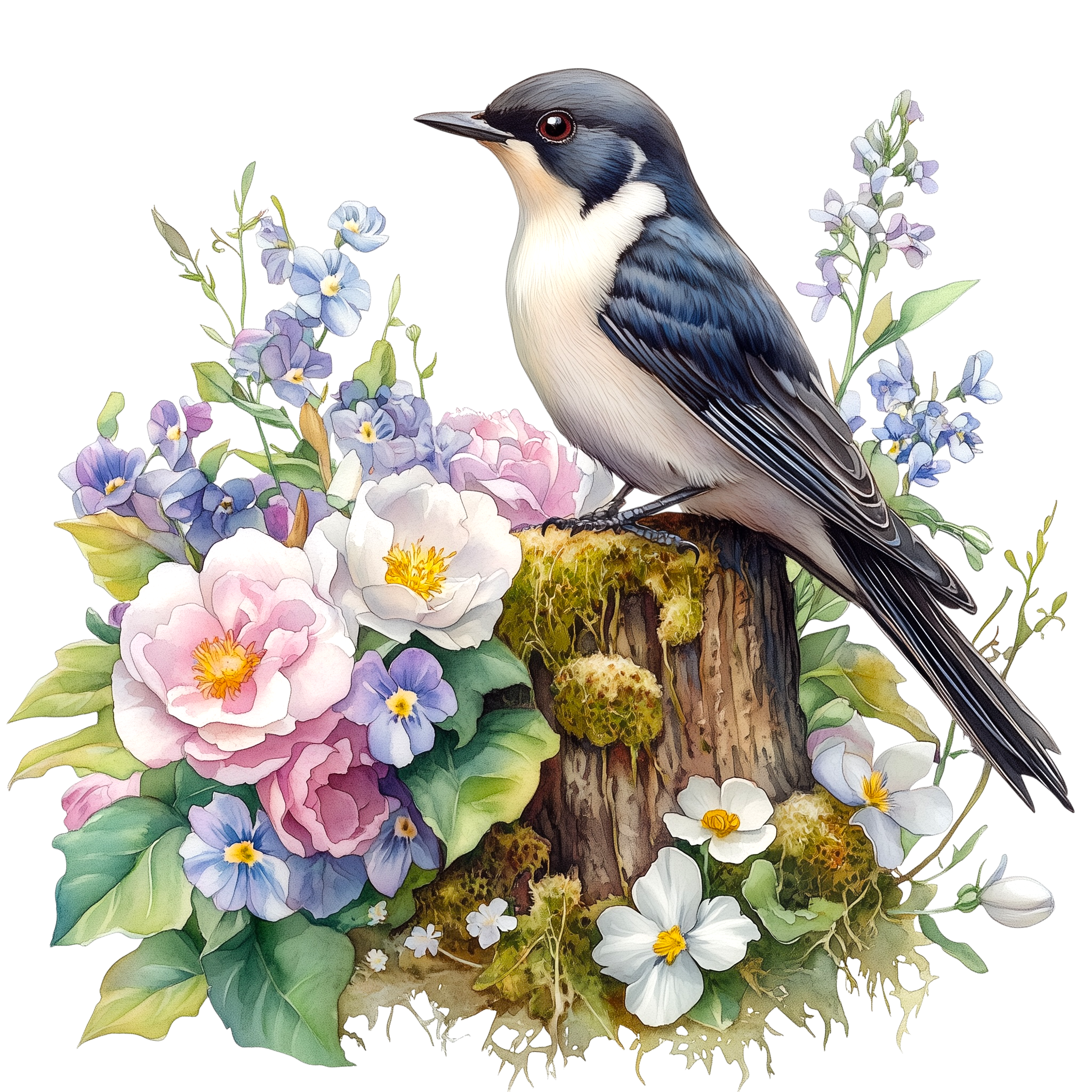 Nuthatch Rose Garden Watercolor DTF Transfer