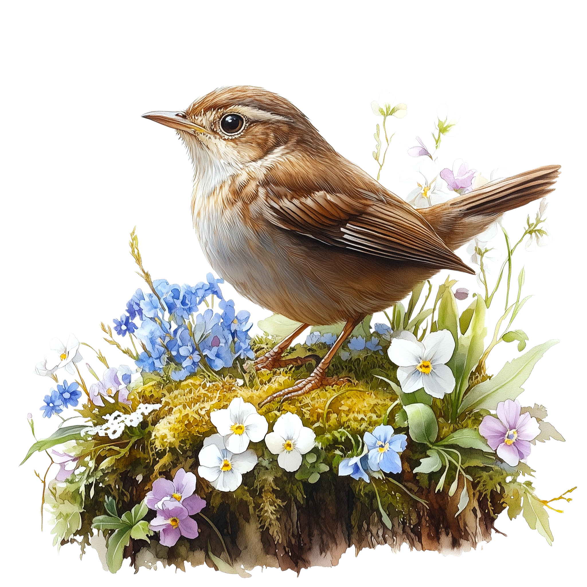 Brown Wren Woodland Flowers Watercolor DTF Transfer
