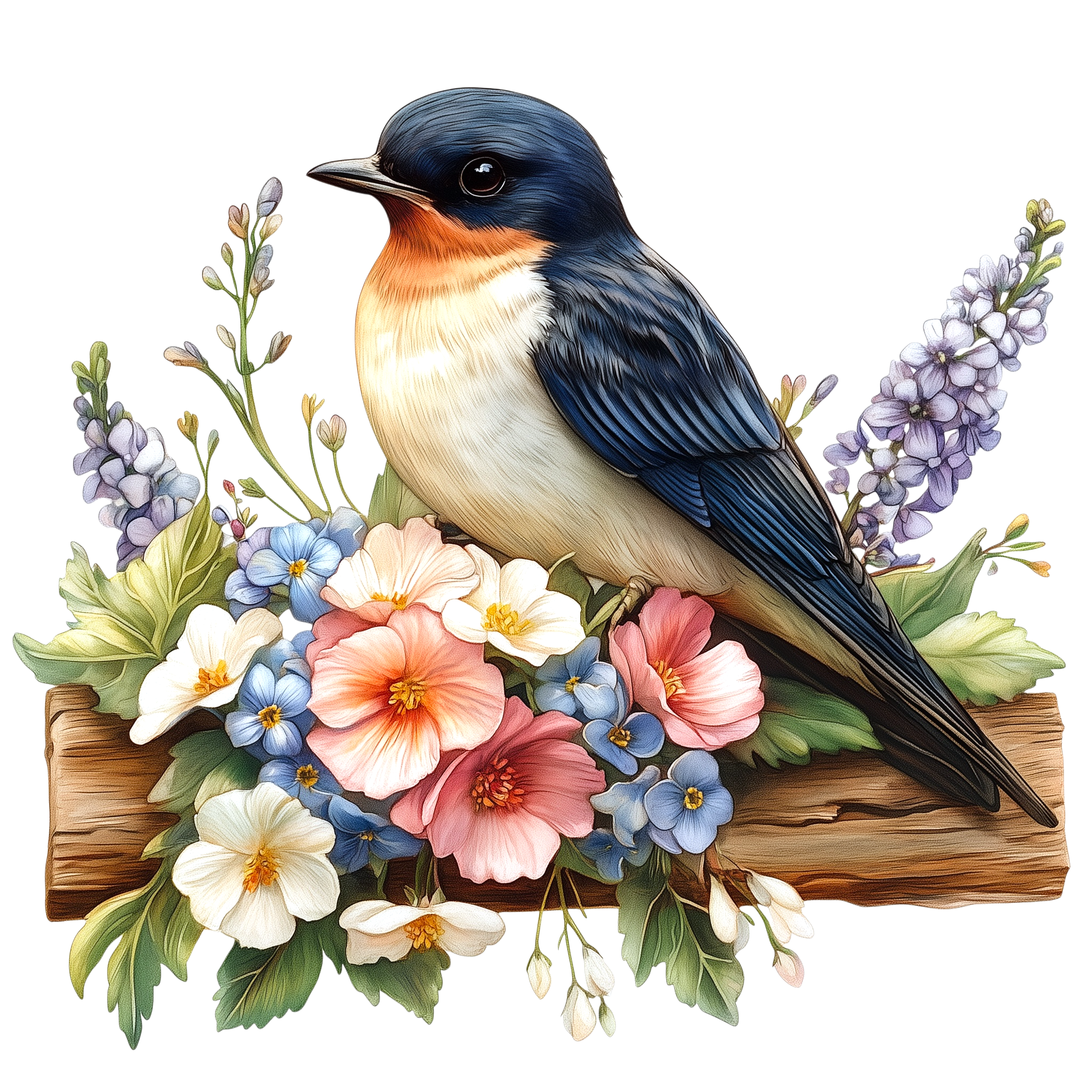 Barn Swallow Floral Garden Watercolor DTF Transfer