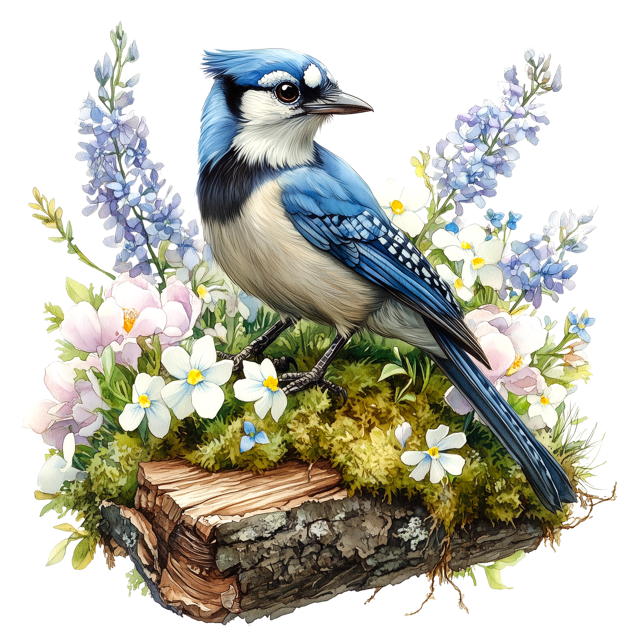 Blue Jay Spring Garden Watercolor DTF Transfer