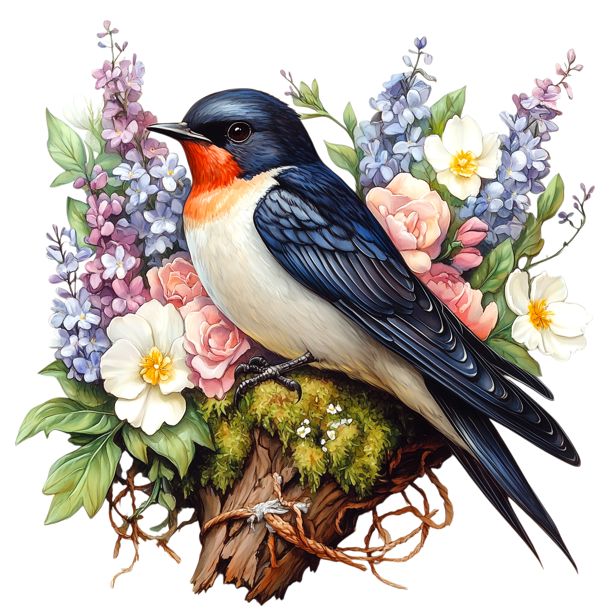 Barn Swallow Rose Garden Watercolor DTF Transfer