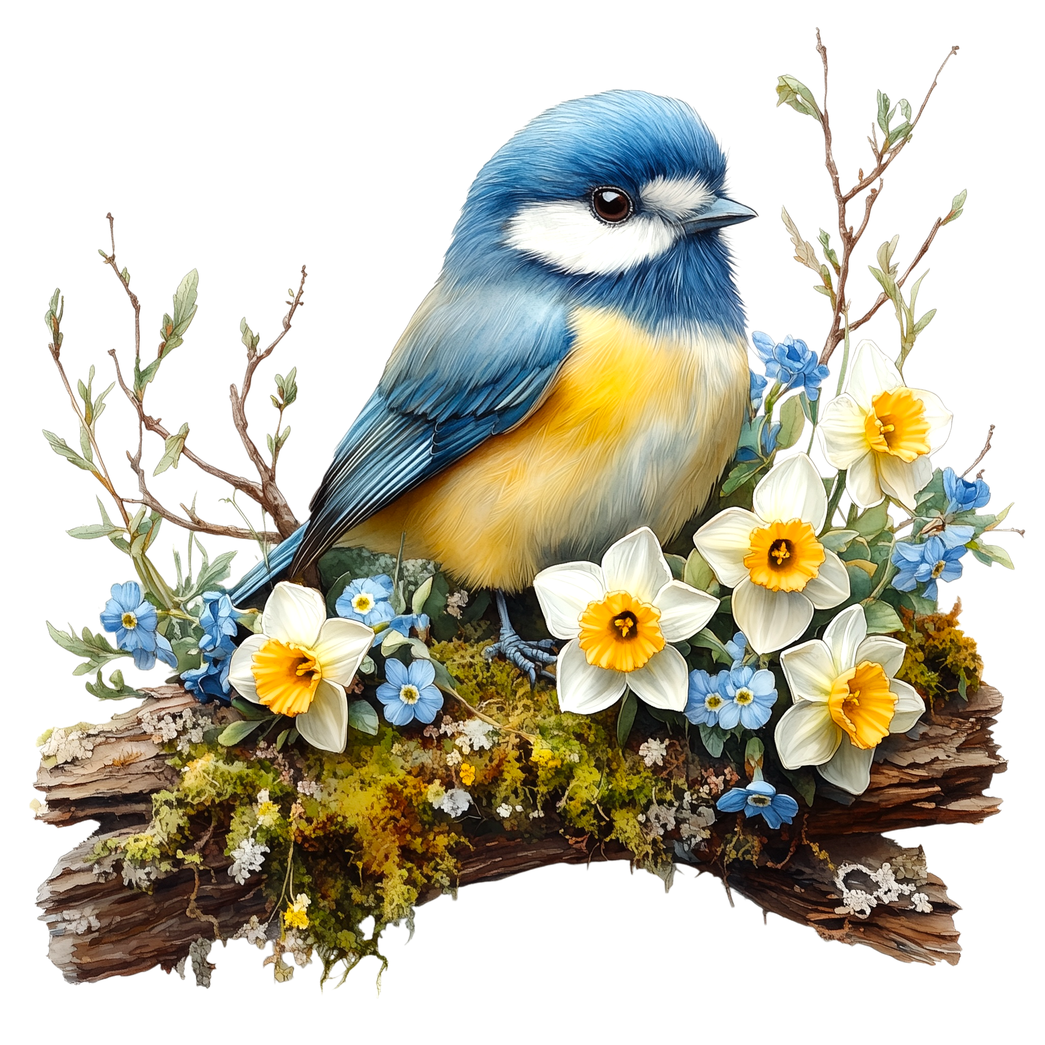 Blue Tit Daffodil Garden Watercolor DTF Transfer