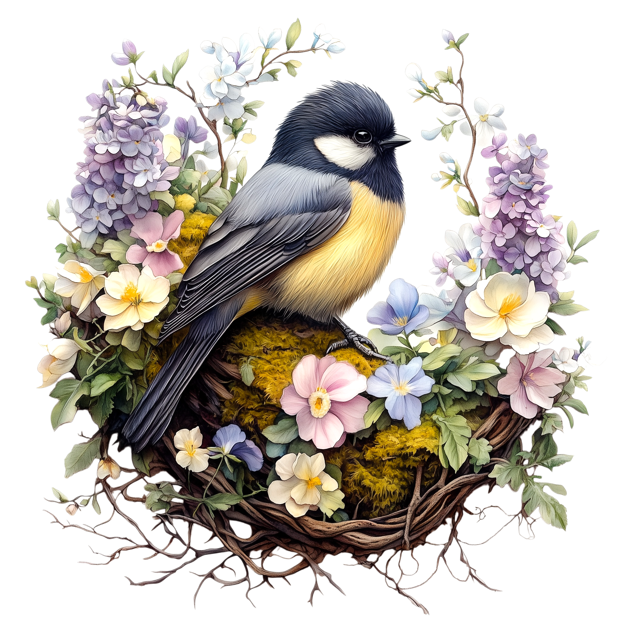 Great Tit Floral Nest Watercolor DTF Transfer