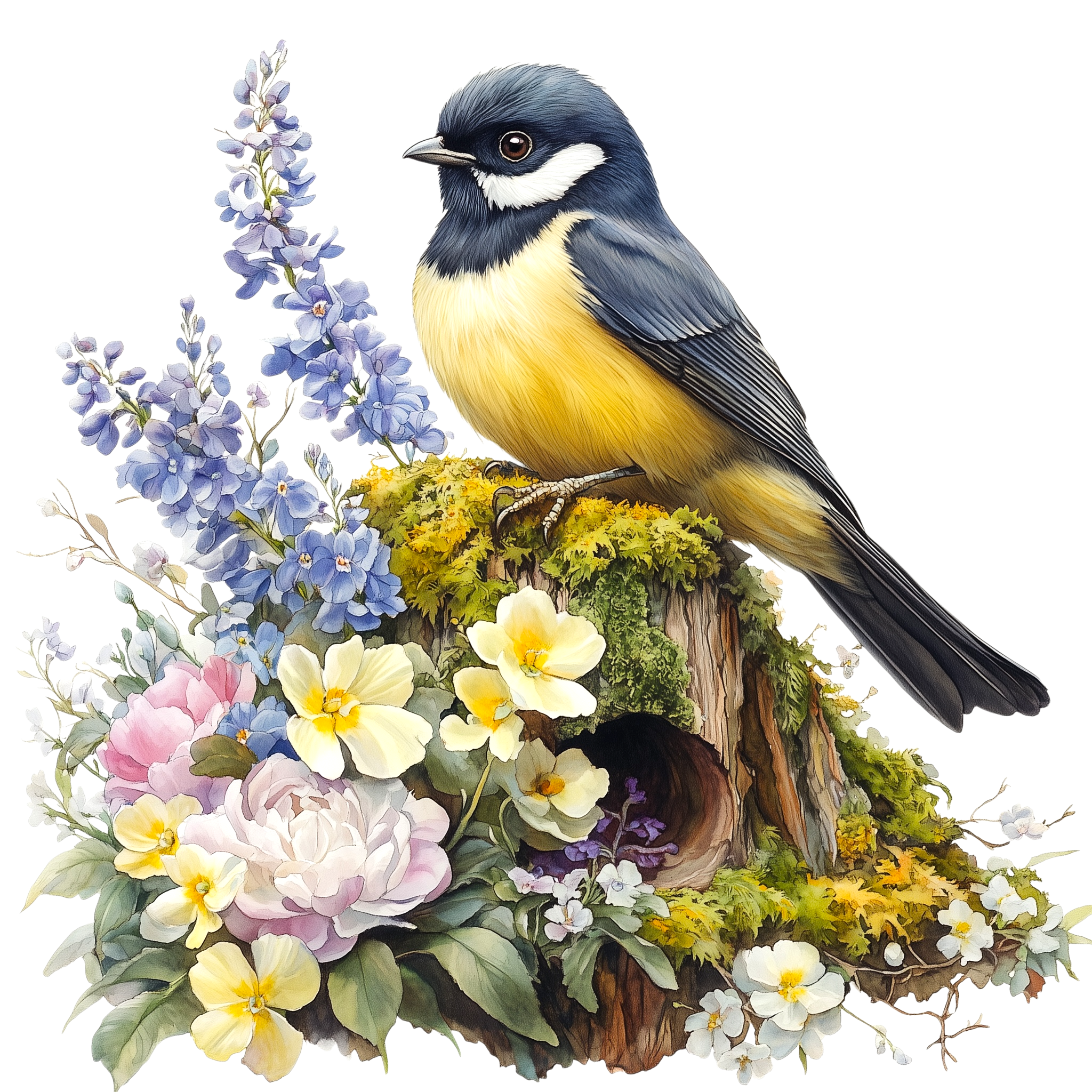 Great Tit Woodland Flowers Watercolor DTF Transfer