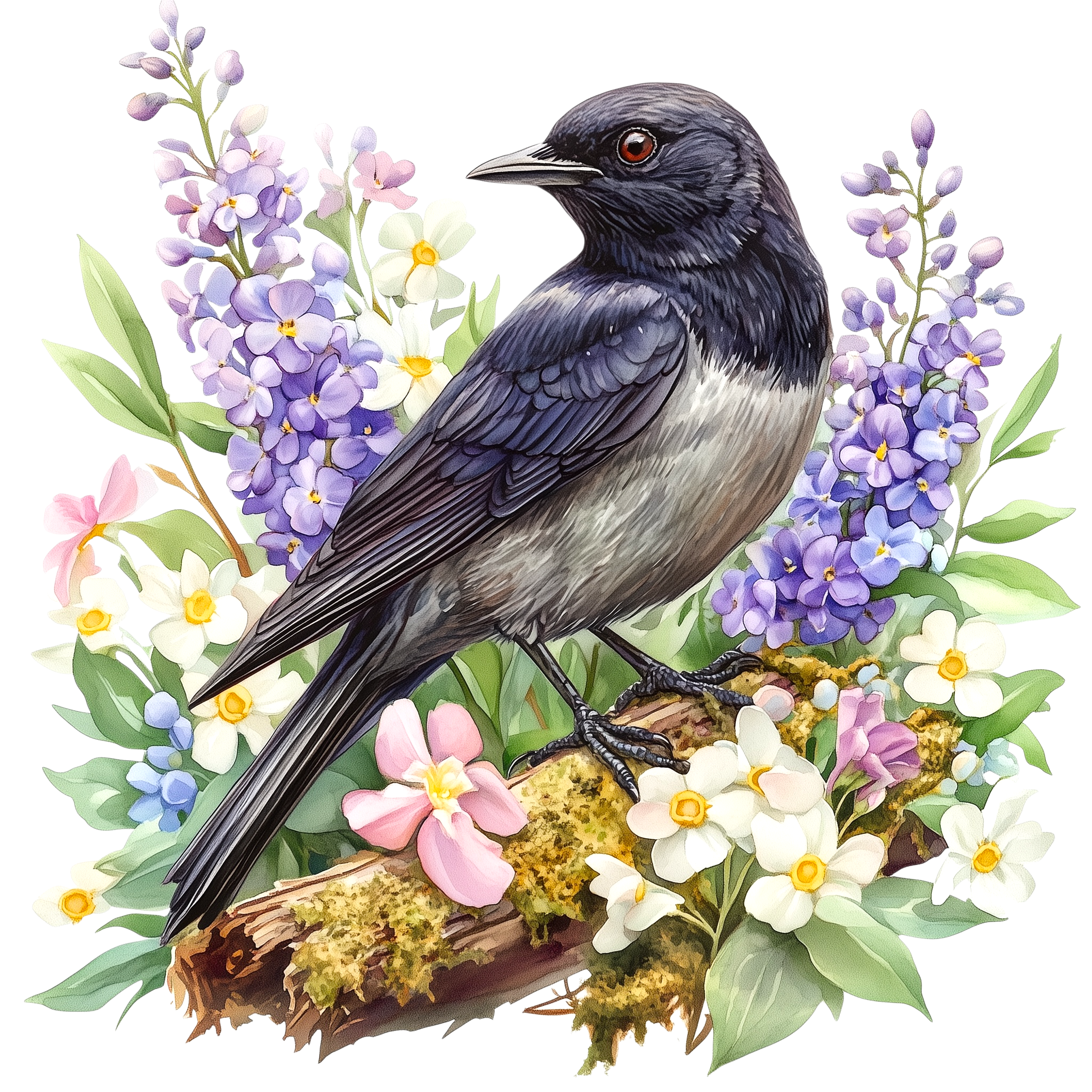Blackbird Lilac Garden Watercolor DTF Transfer