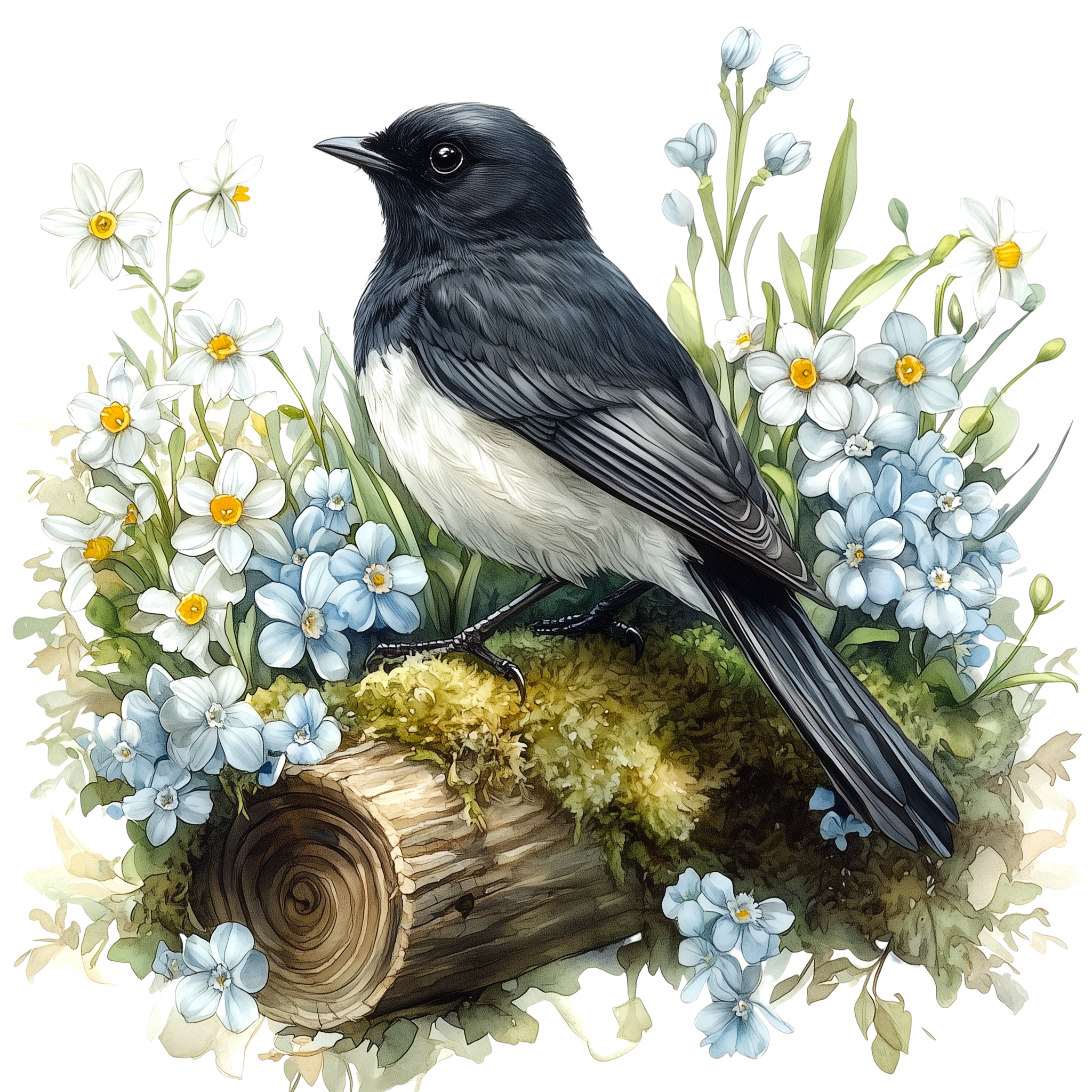 Black Phoebe Spring Garden Watercolor DTF Transfer