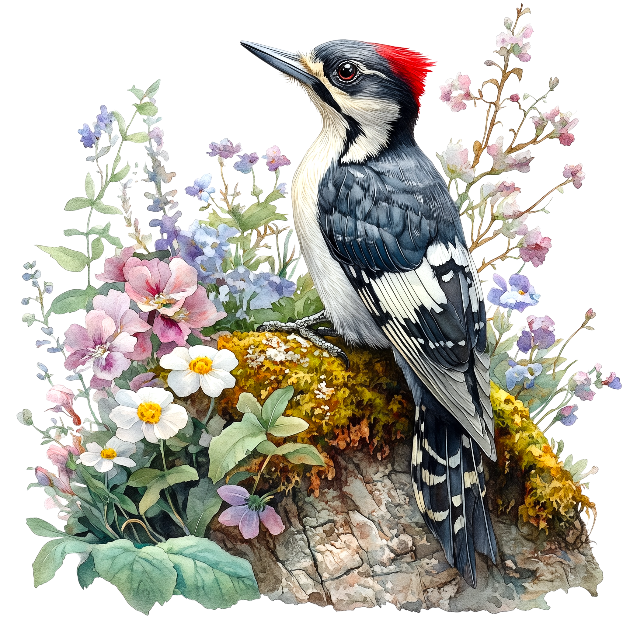 Downy Woodpecker Wildflower Watercolor DTF Transfer