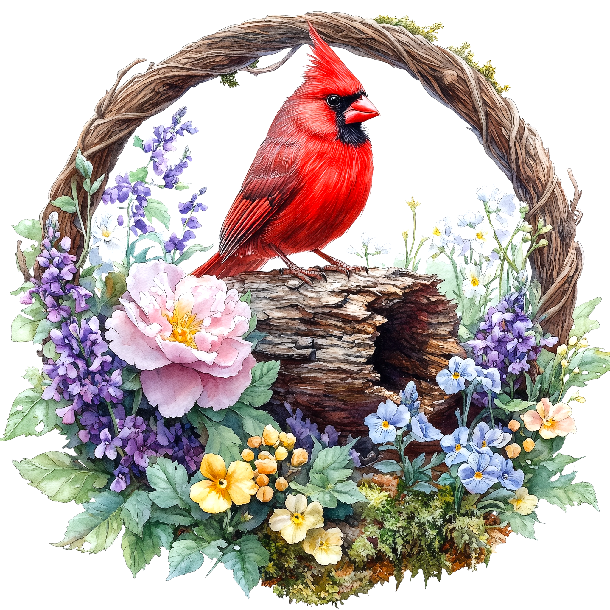 Northern Cardinal Floral Wreath Watercolor DTF Transfer
