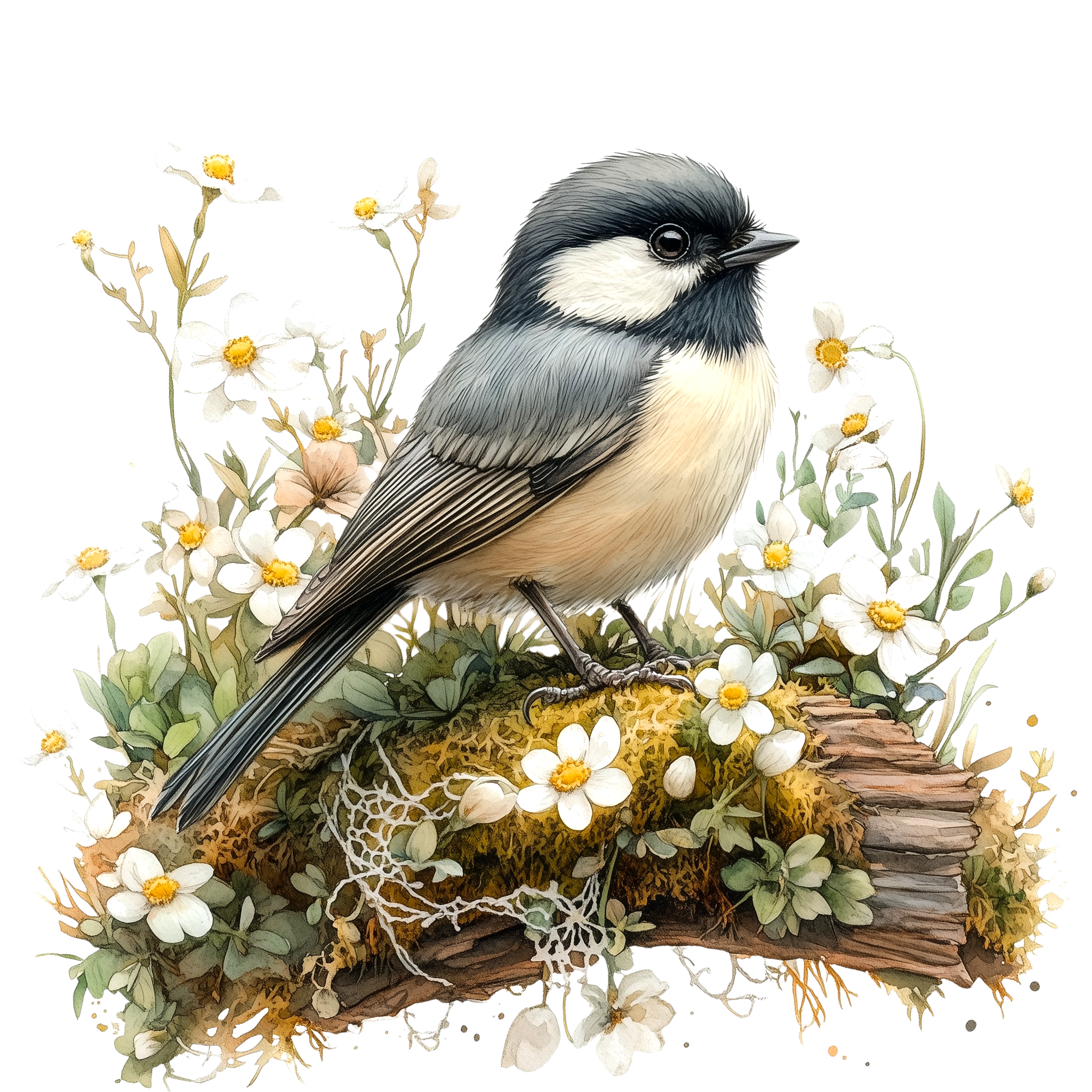 Black Capped Chickadee Woodland Watercolor DTF Transfer