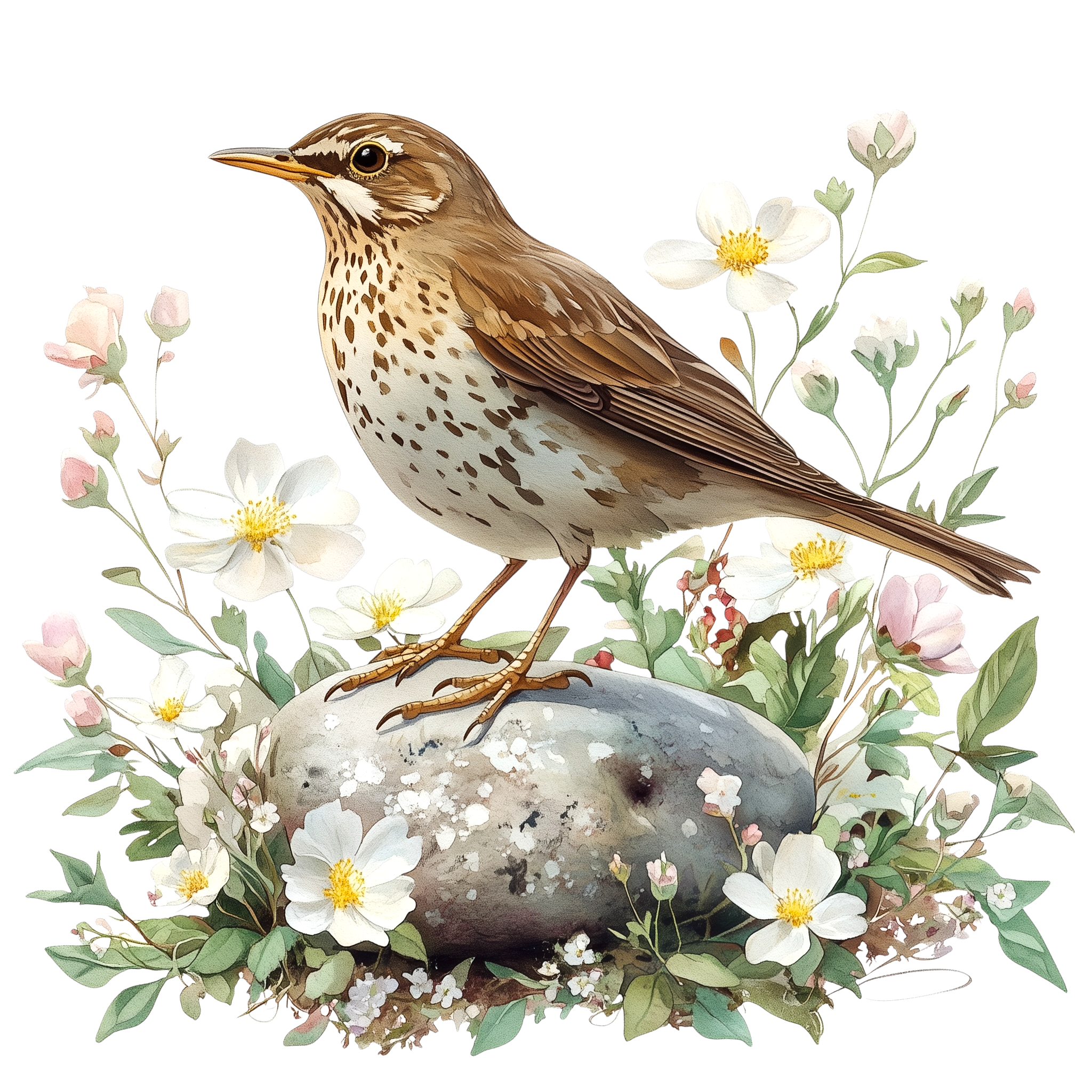 Song Thrush Wild Rose Watercolor DTF Transfer