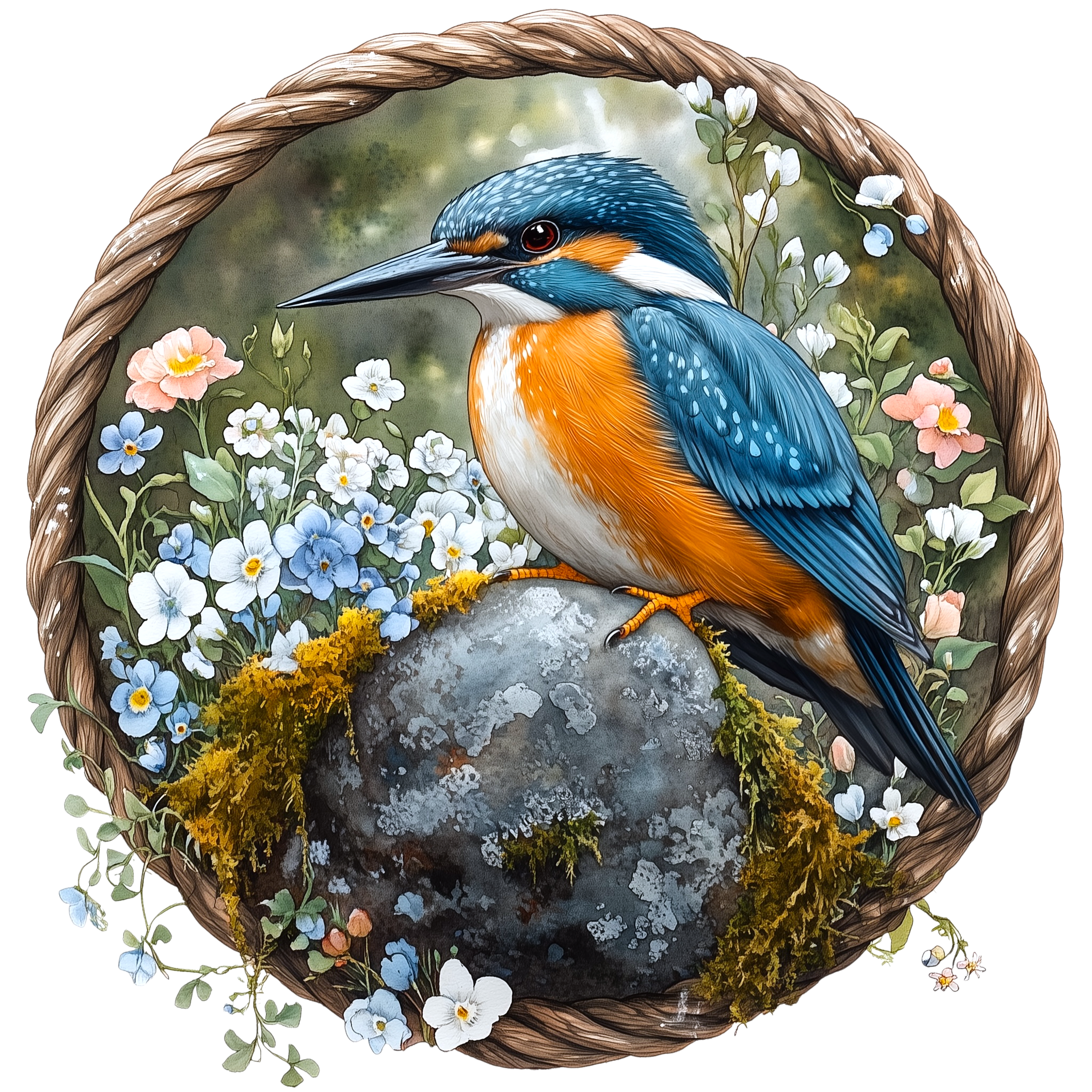 Kingfisher Floral Woodland Watercolor DTF Transfer