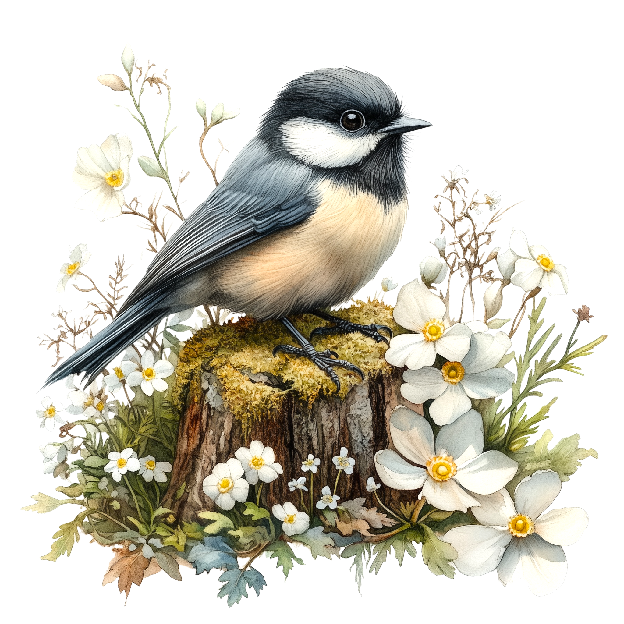 Black Capped Chickadee White Floral DTF Transfer