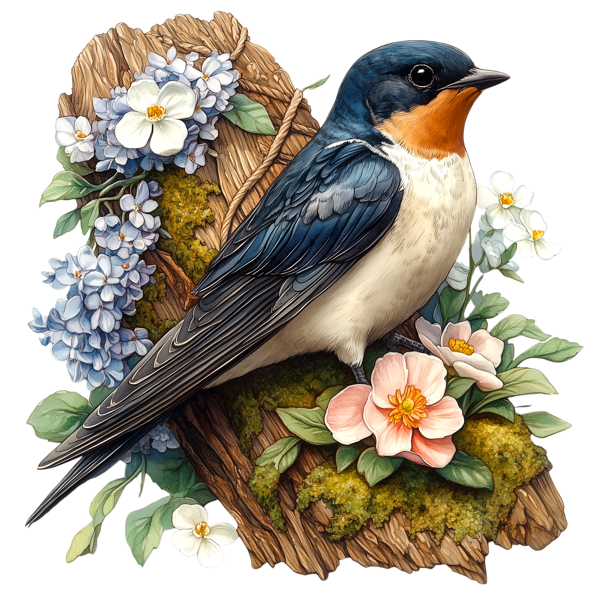 Barn Swallow Floral Woodland Watercolor DTF Transfer