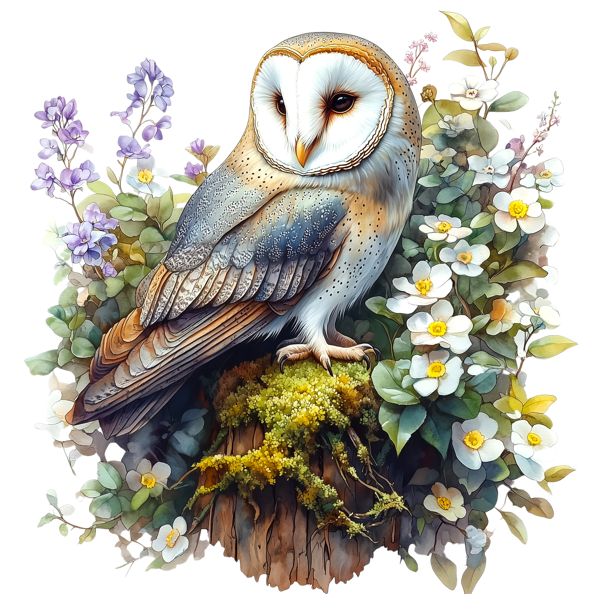Barn Owl Woodland Flowers Watercolor DTF Transfer