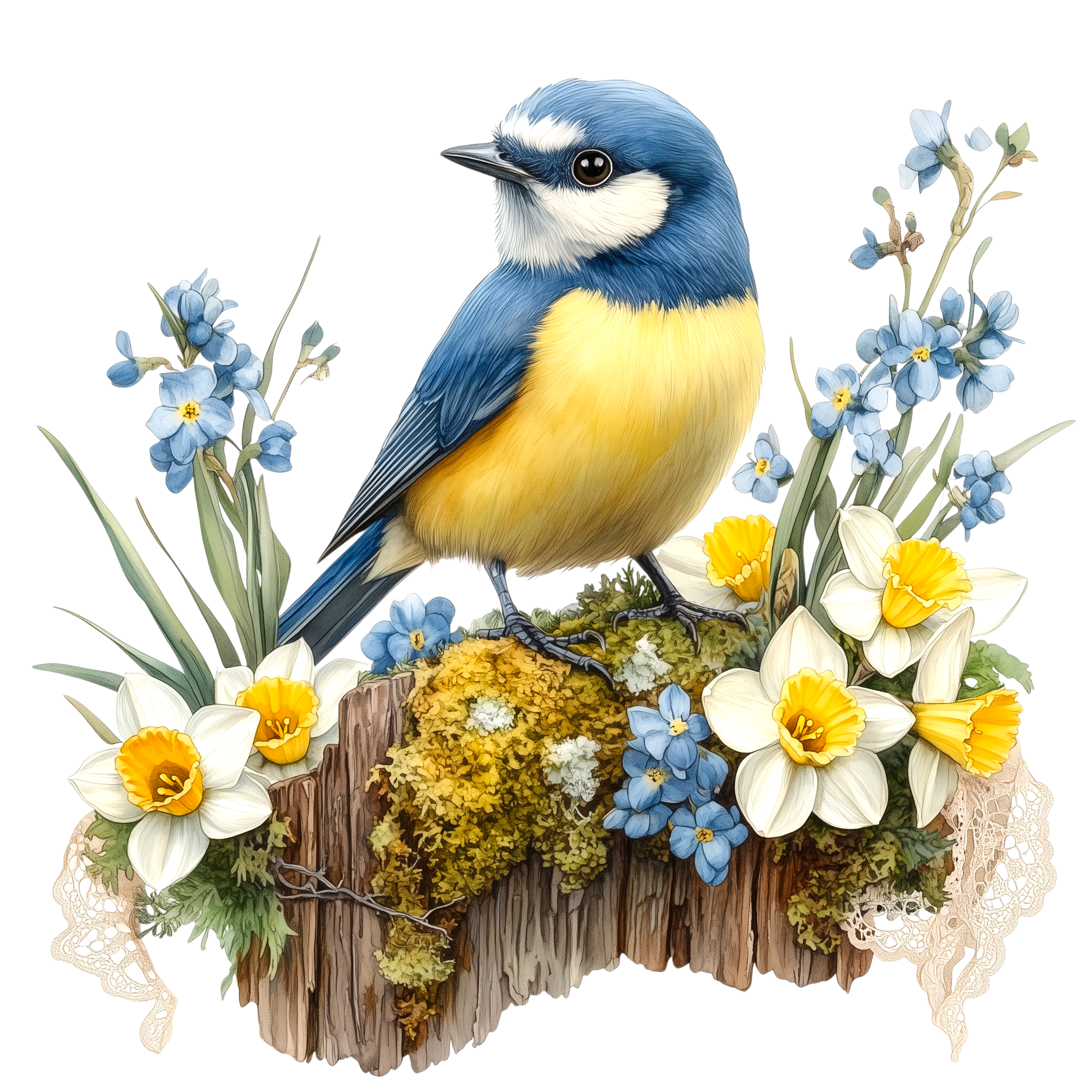 Blue Tit Daffodil Garden Watercolor DTF Transfer