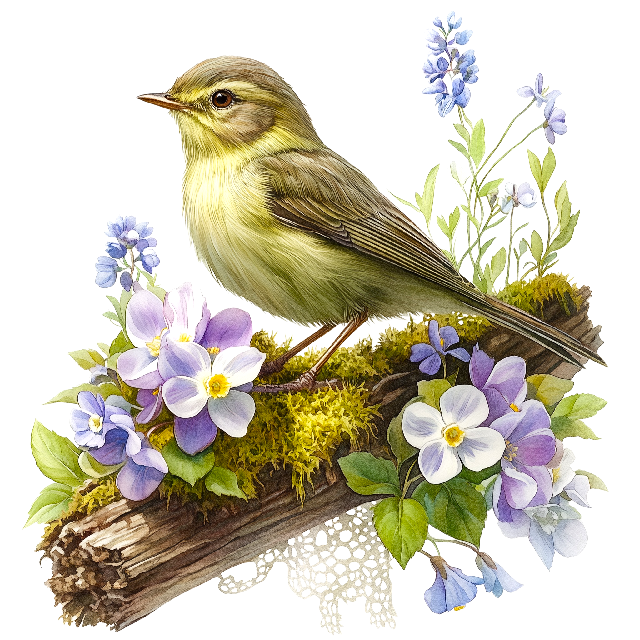 Willow Warbler Violet Garden Watercolor DTF Transfer