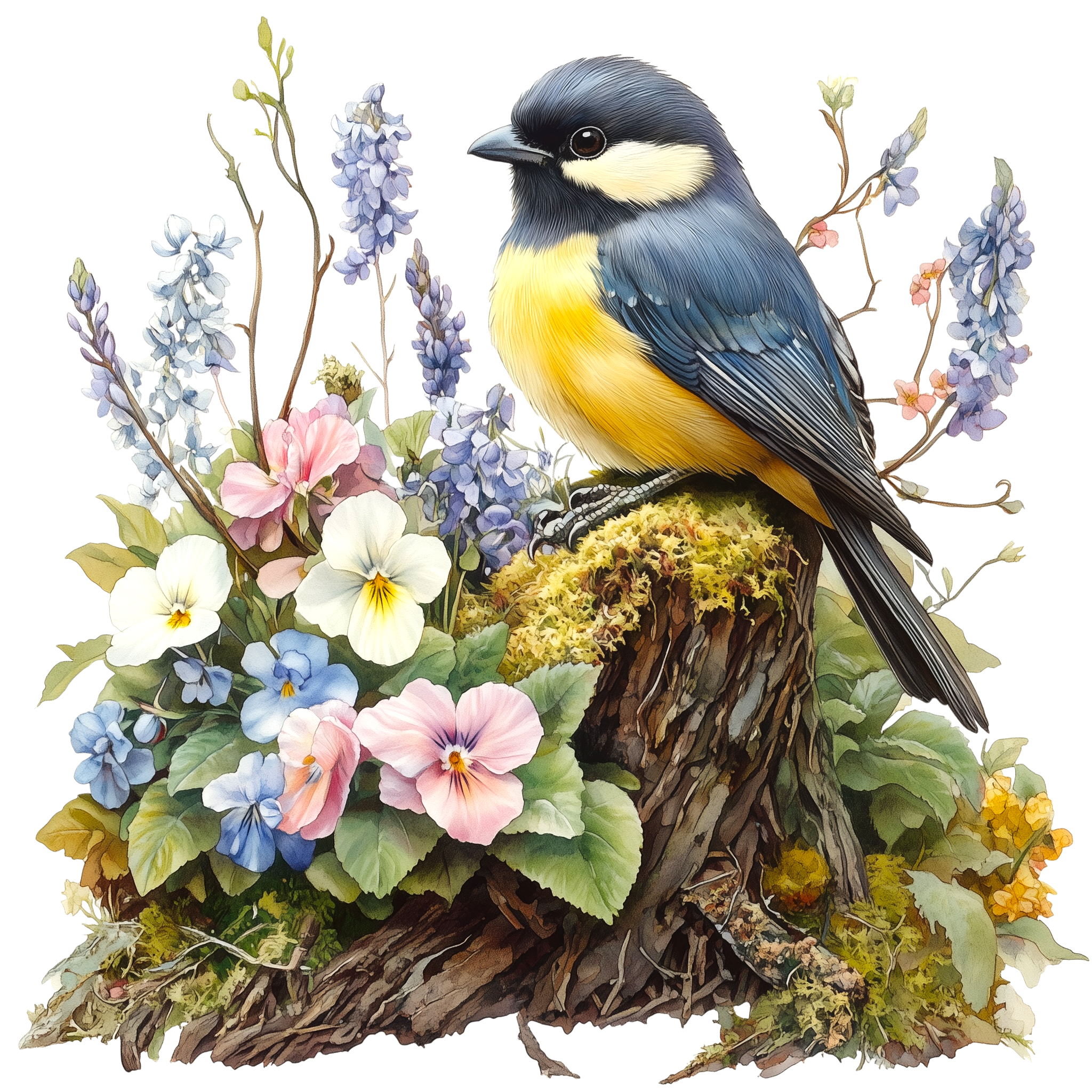 Great Tit Spring Garden Watercolor DTF Transfer