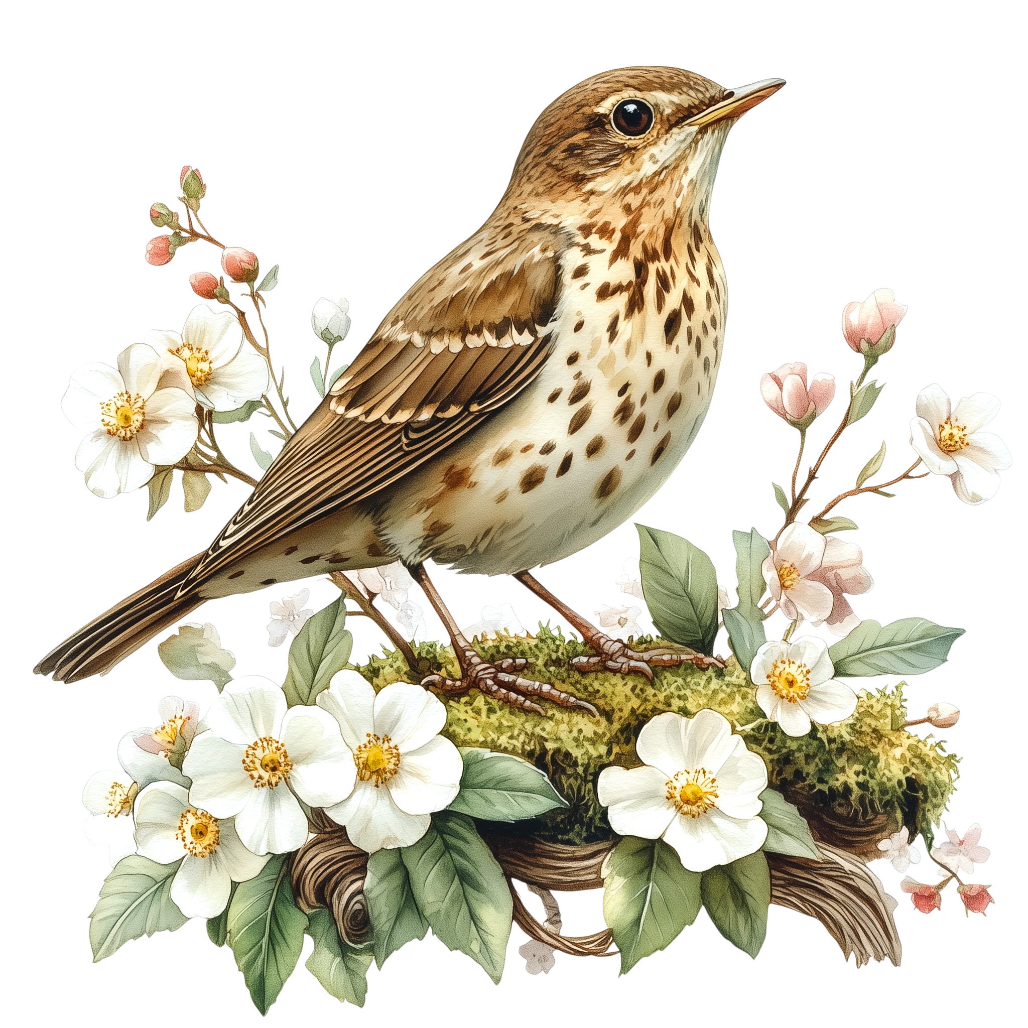 Song Thrush Wild Rose Watercolor DTF Transfer