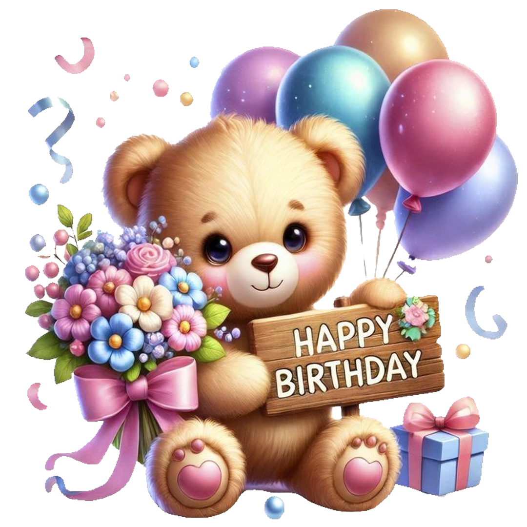 Birthday Teddy Bear With Balloons DTF Transfer