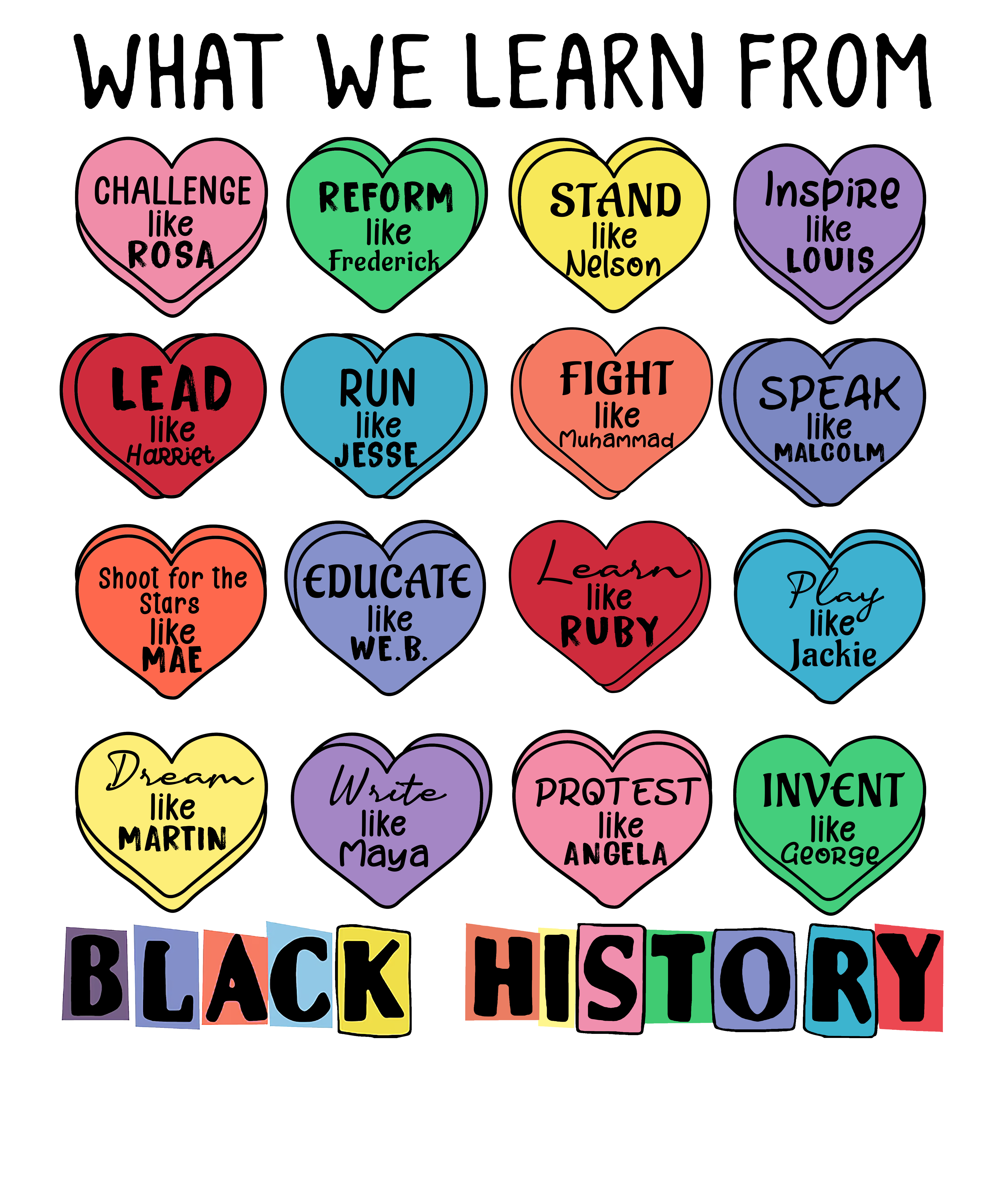 Black History Icons Inspirational Hearts DTF Transfer