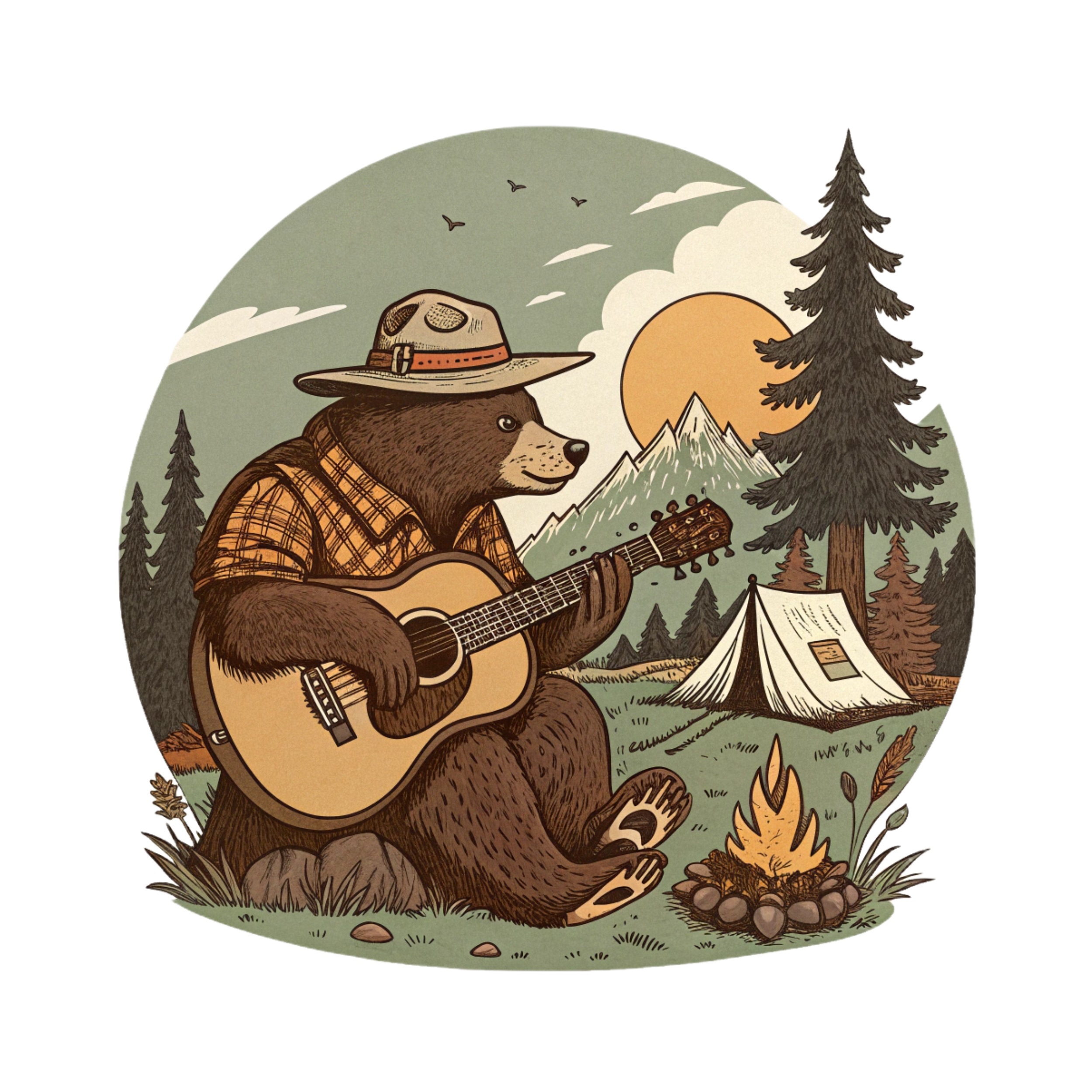 Camping Bear Guitar Adventure DTF Transfer
