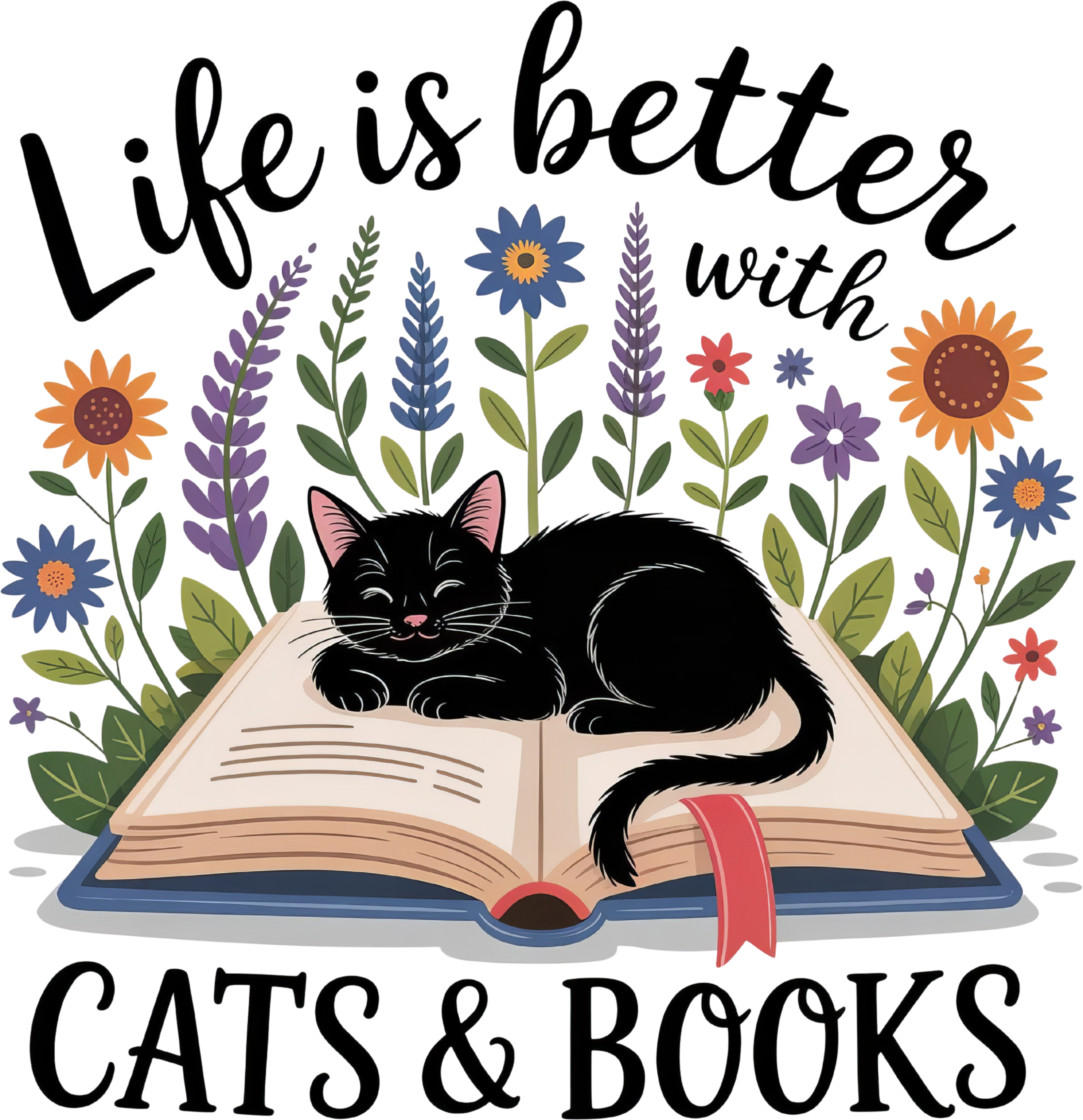 Black Cat Sleeping On Open Book DTF Transfer