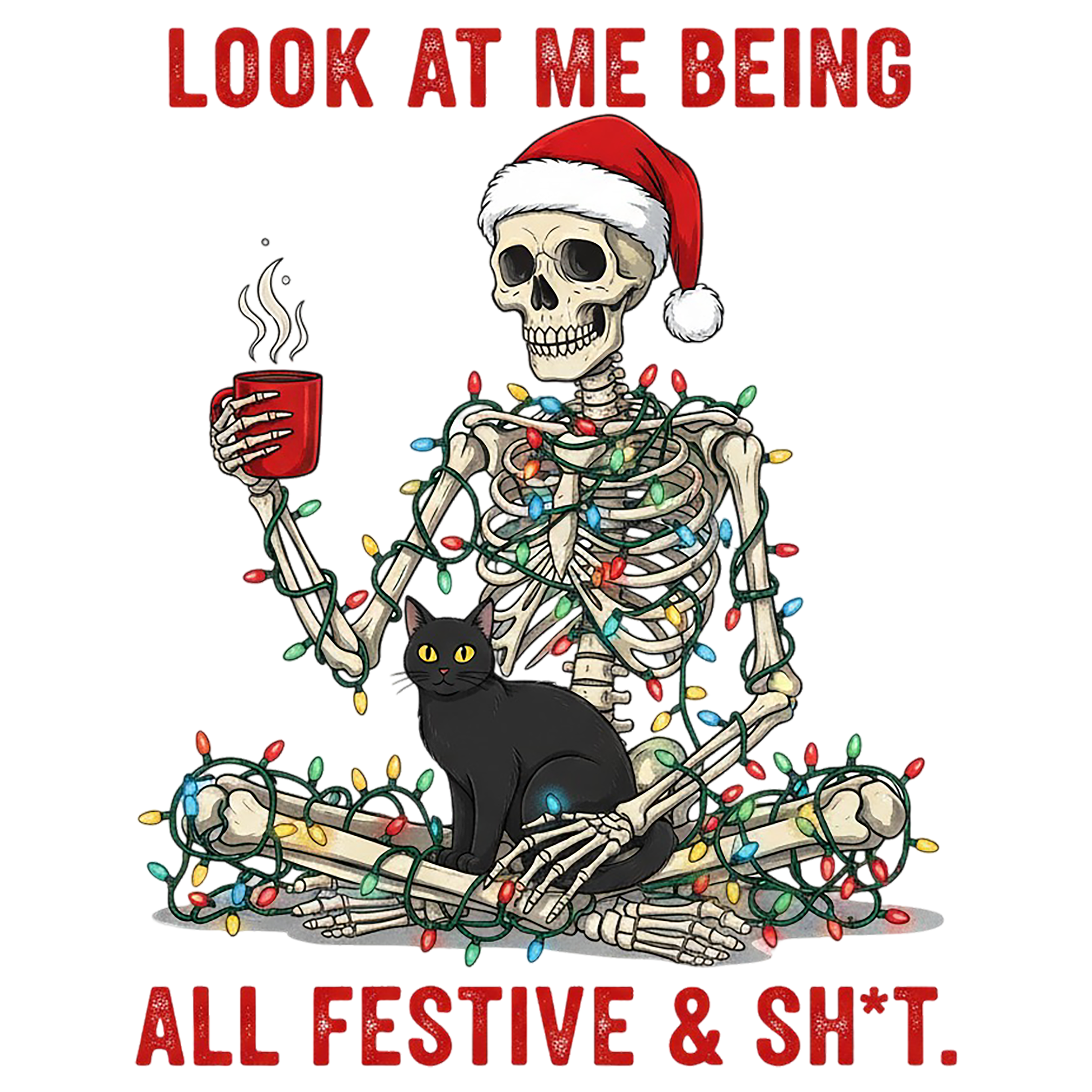 Festive Skeleton And Black Cat DTF Transfer
