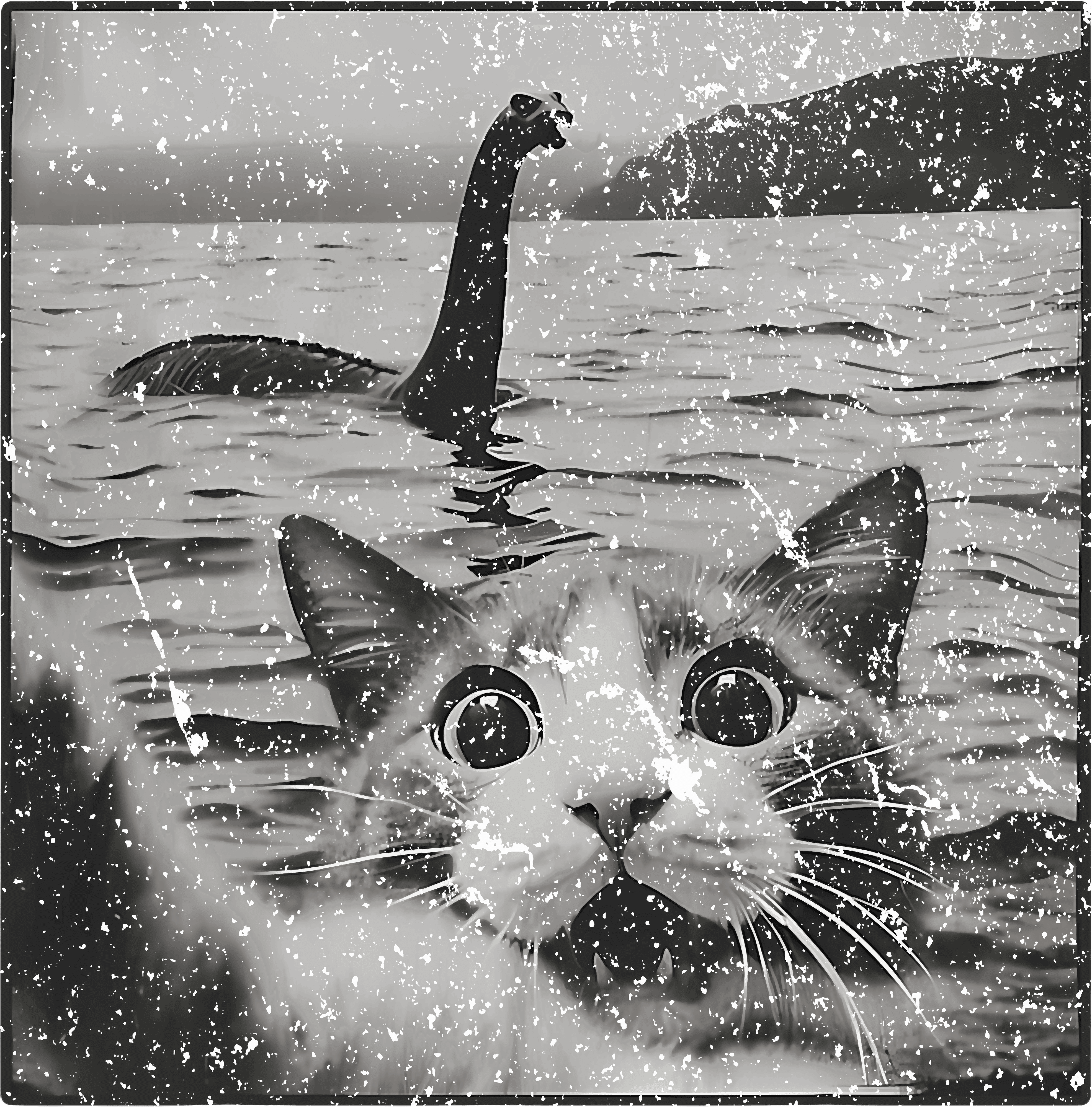 Scared Cat Meets The Lake Monster DTF Transfer