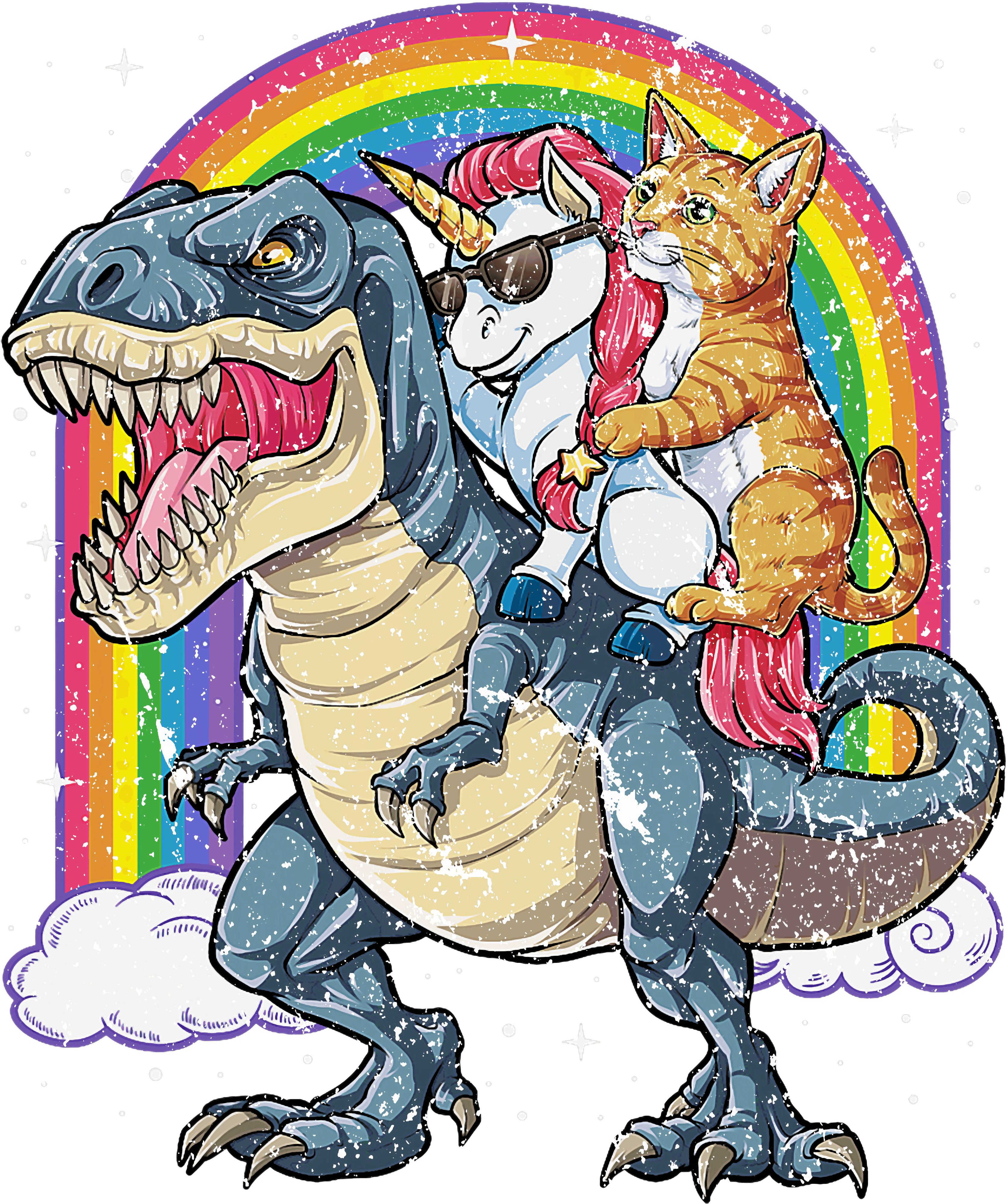 Rainbow Cat Riding A Unicorn Dinosaur Adventure DTF Transfer