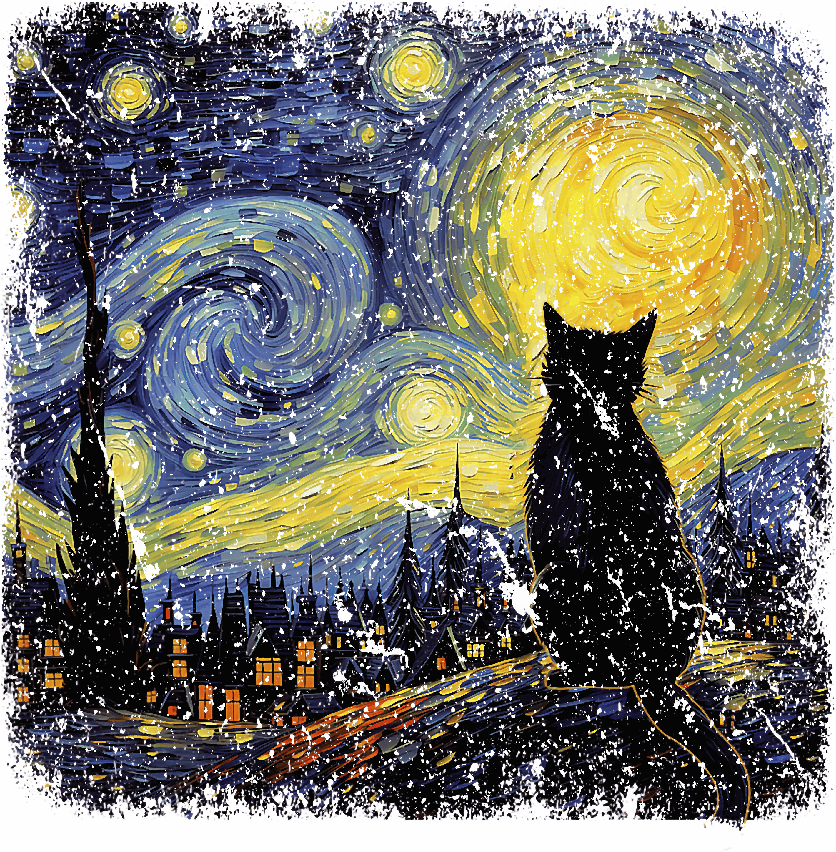 Starry Night Cat Van Gogh Inspired Art DTF Transfer