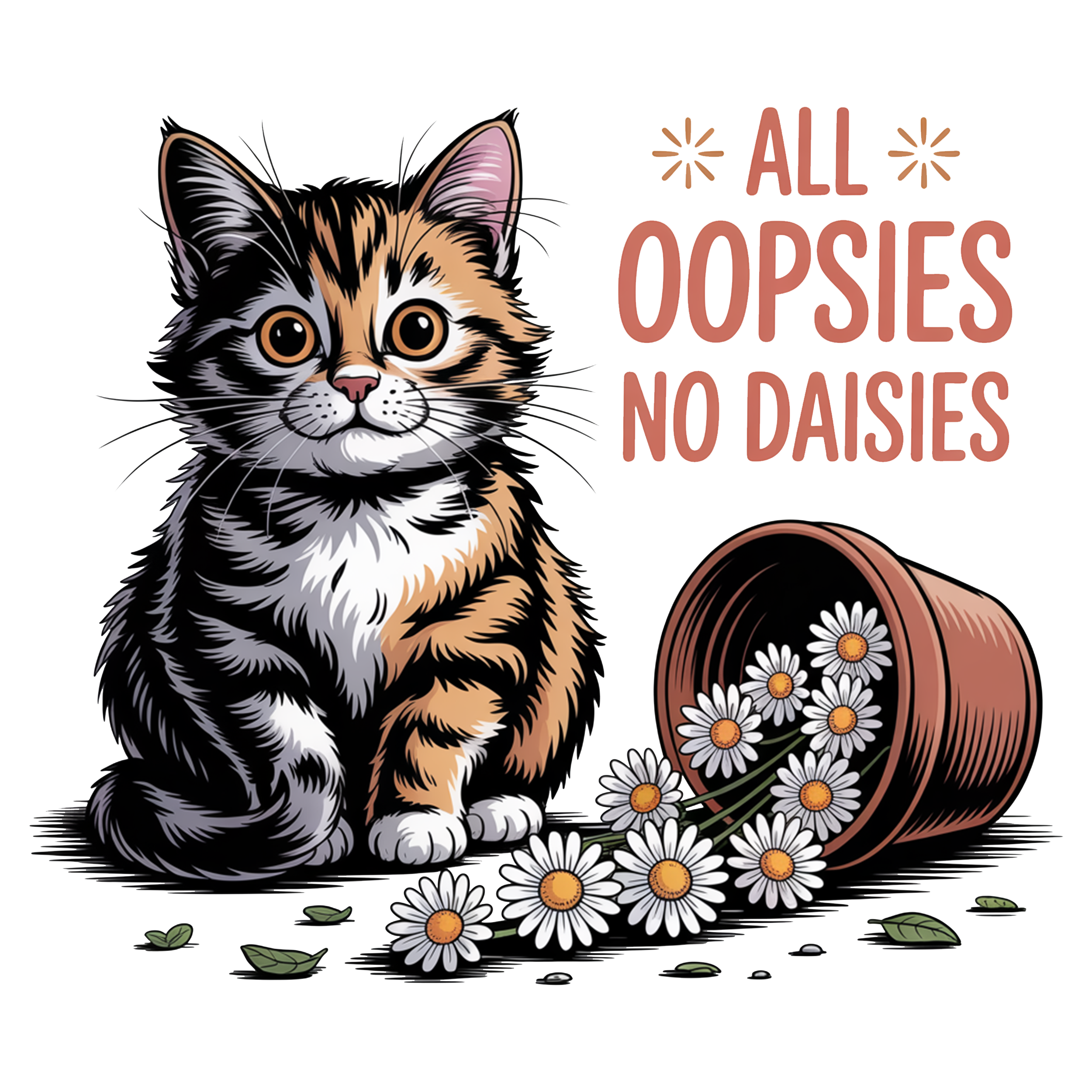 Curious Calico Cat With Daisies DTF Transfer