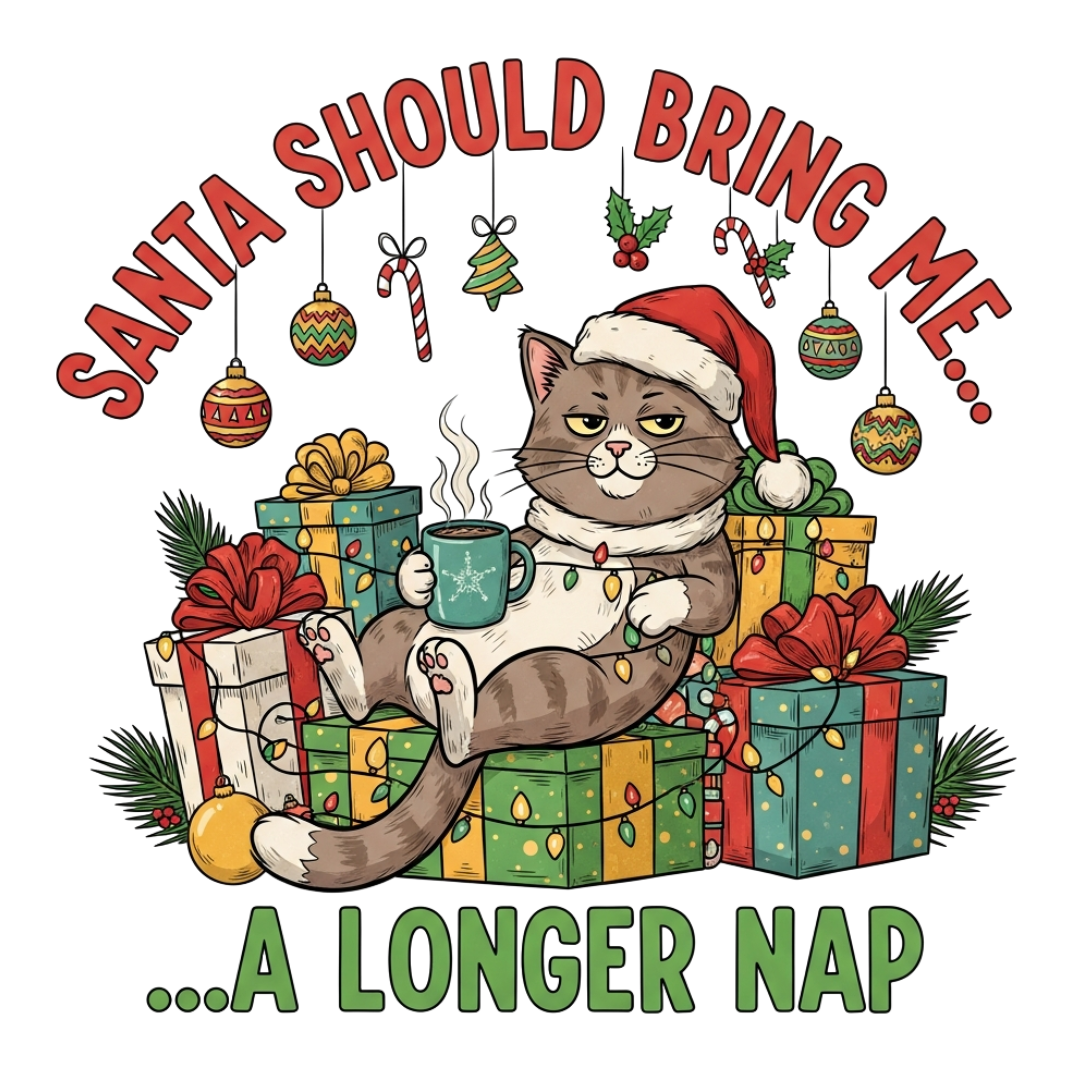 Christmas Cat Ready For A Nap DTF Transfer