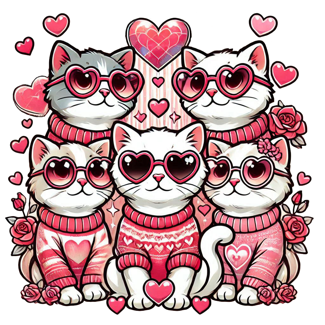 Valentine Cats Wearing Heart Sunglasses DTF Transfer