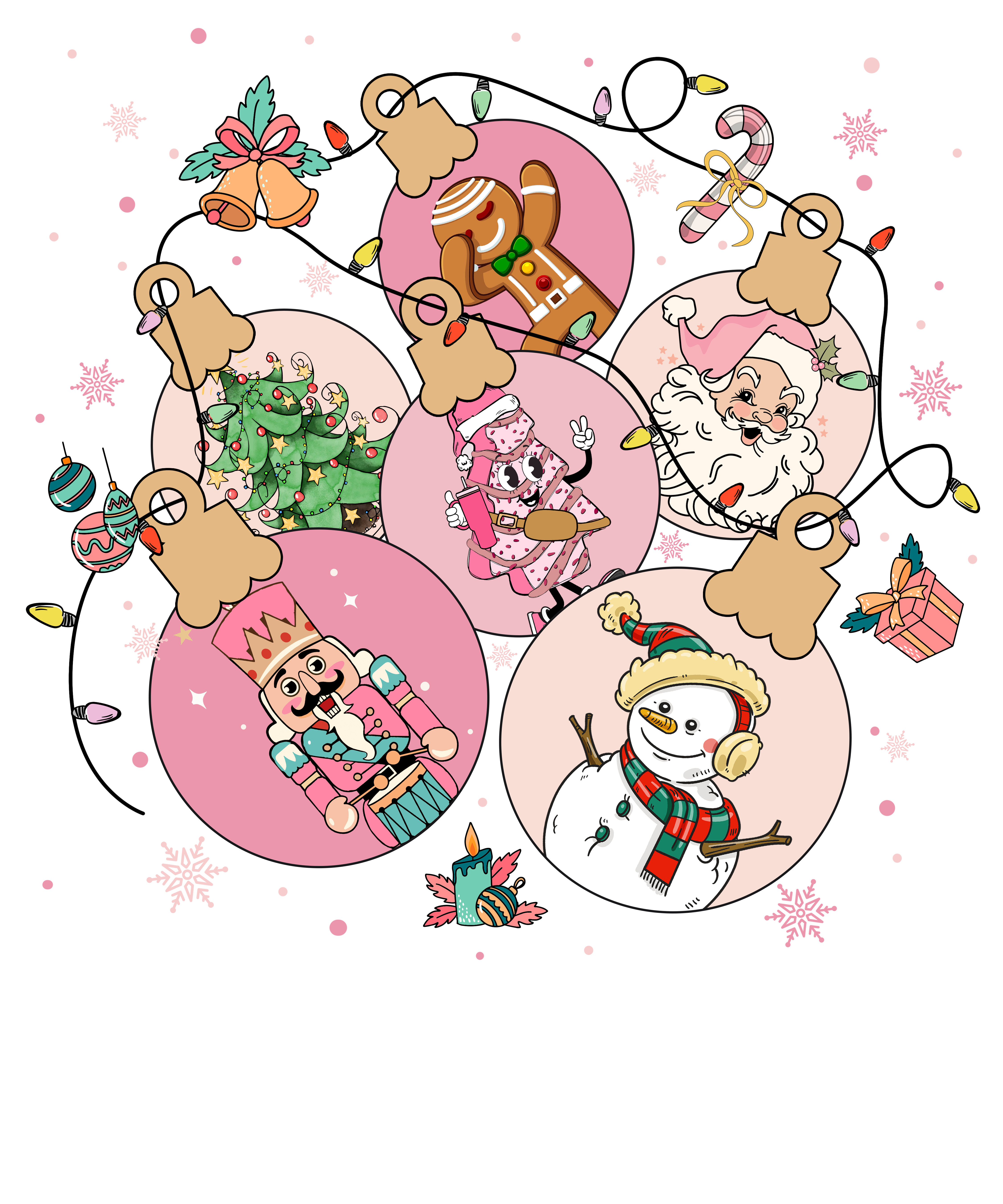 Pink Christmas Ornament Character DTF Transfer