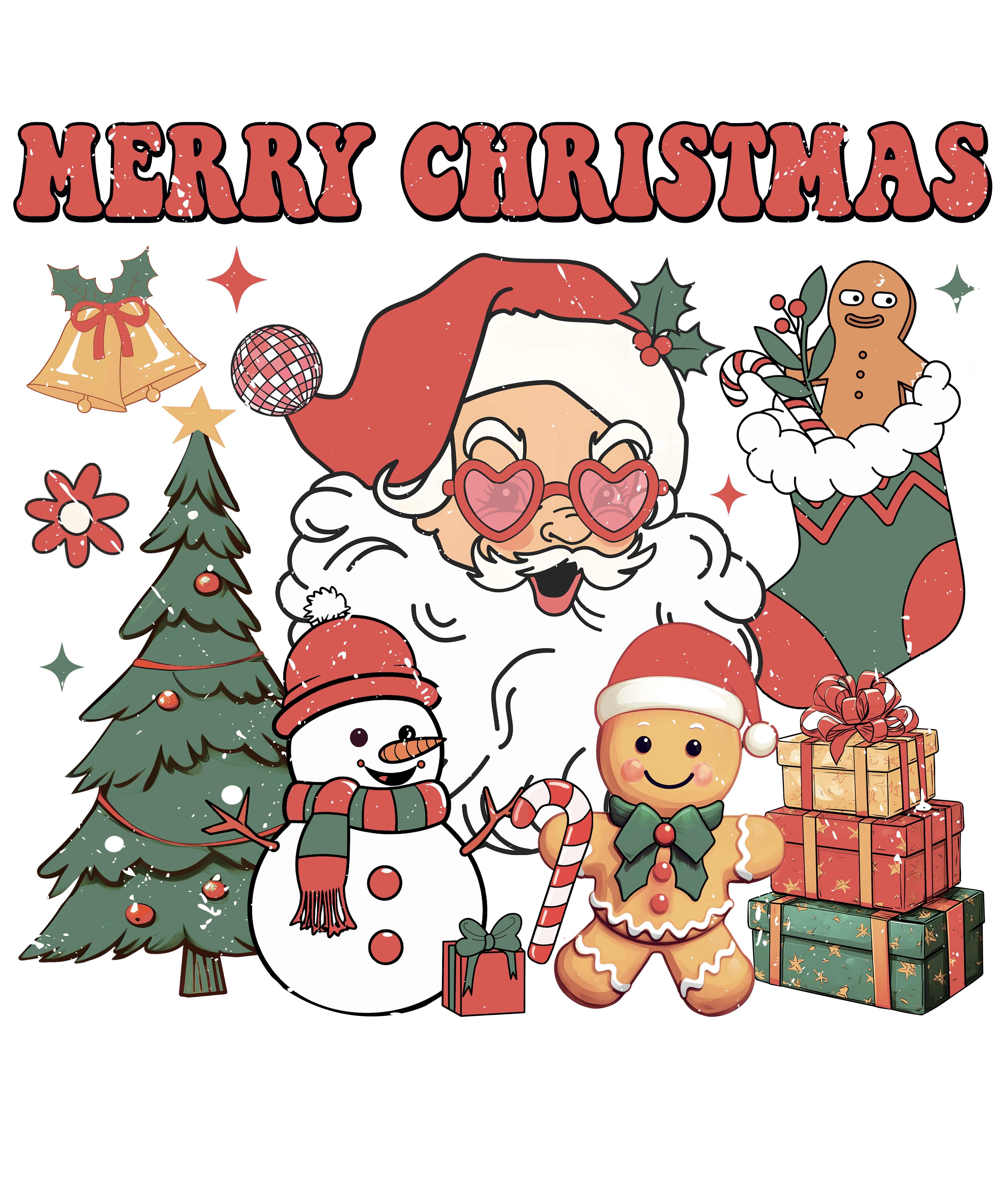 Merry Christmas Santa With Heart Glasses And Holiday Friends DTF Transfer