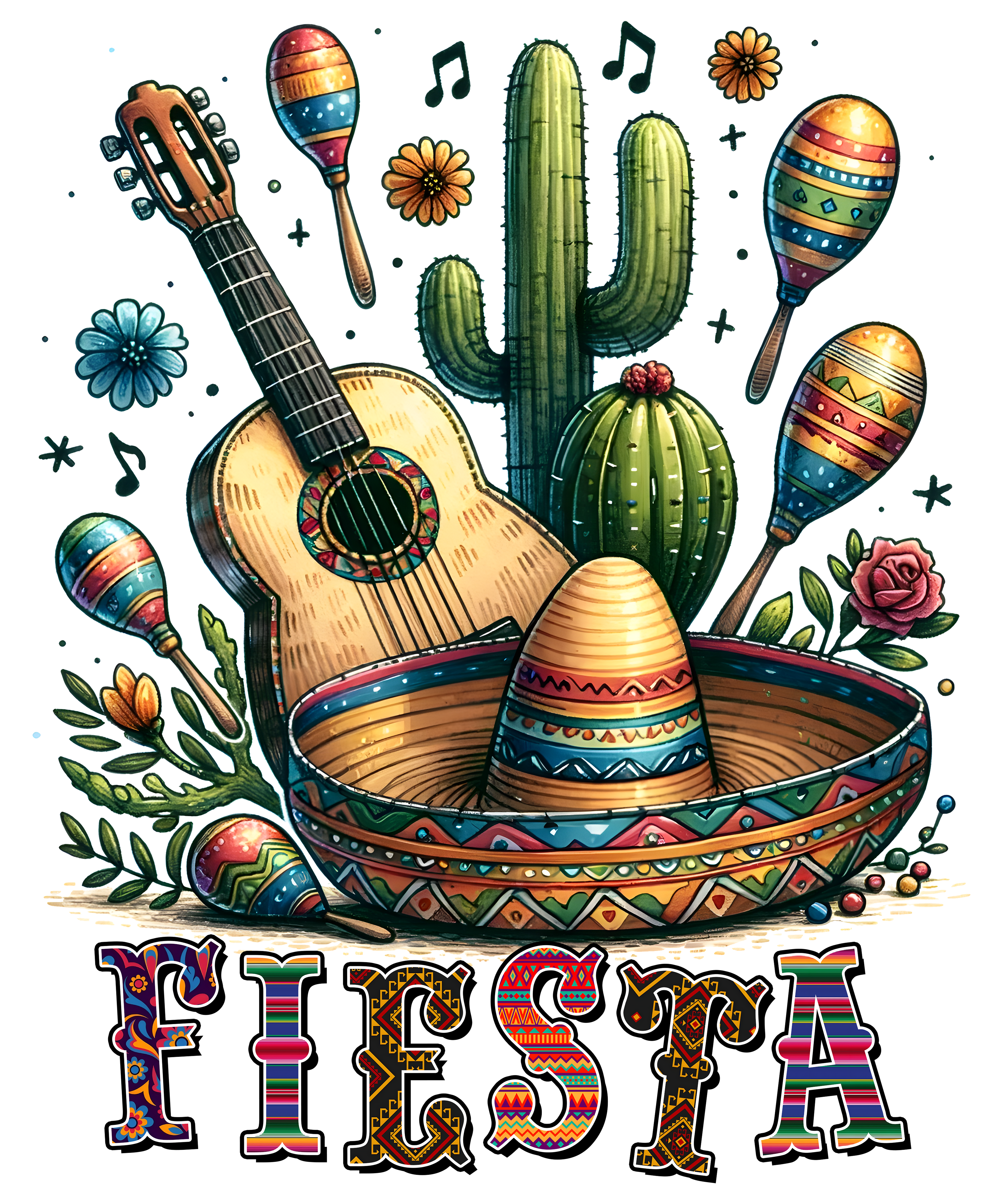 Mexican Guitar Cactus Fiesta DTF Transfer
