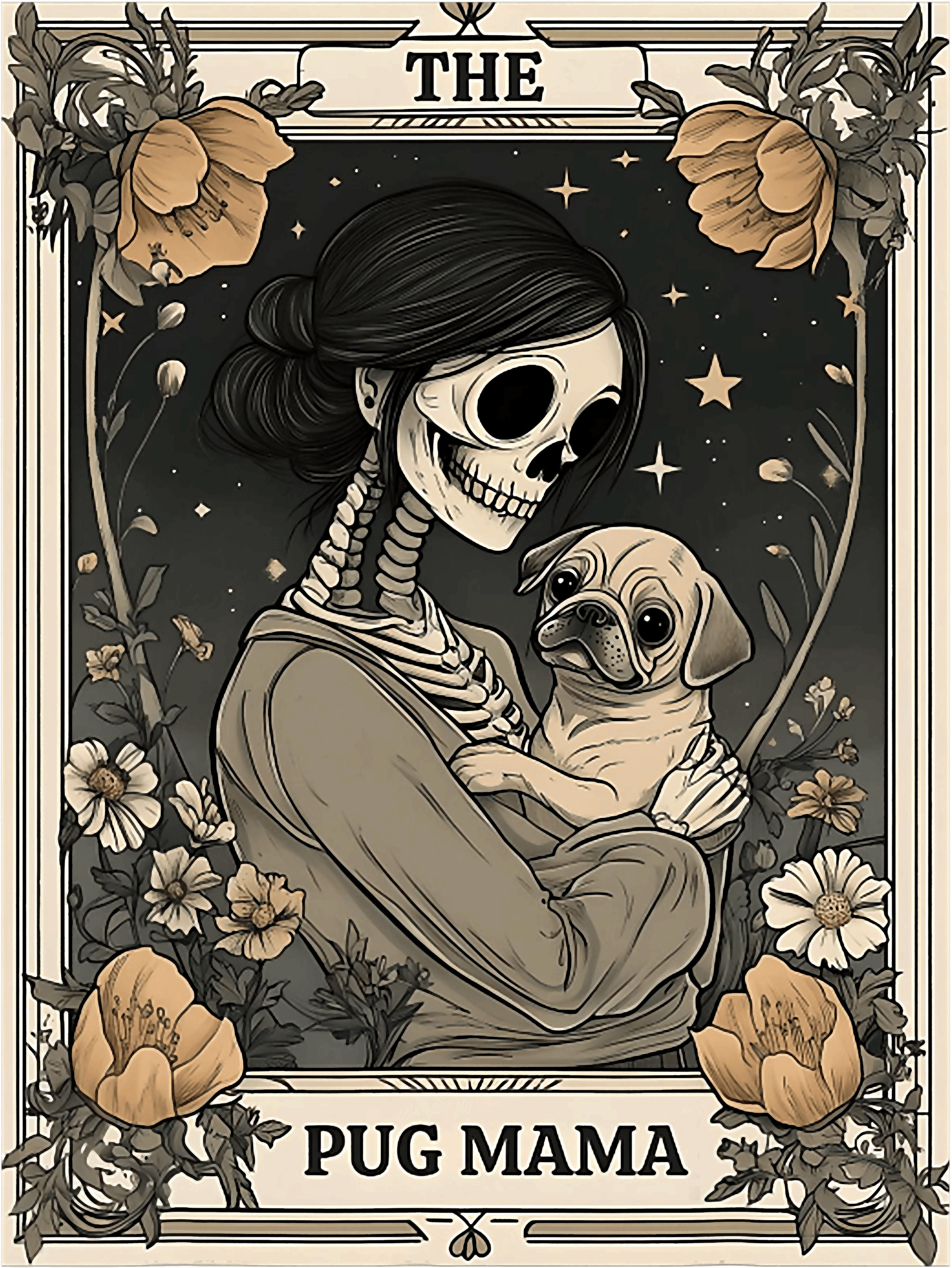 Pug Mama Vintage Gothic Floral Portrait DTF Transfer