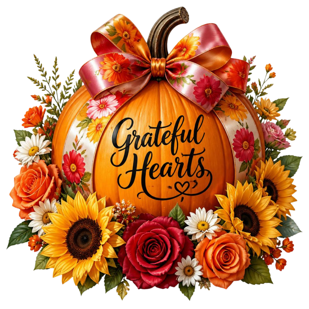 Grateful Hearts Floral Pumpkin DTF Transfer