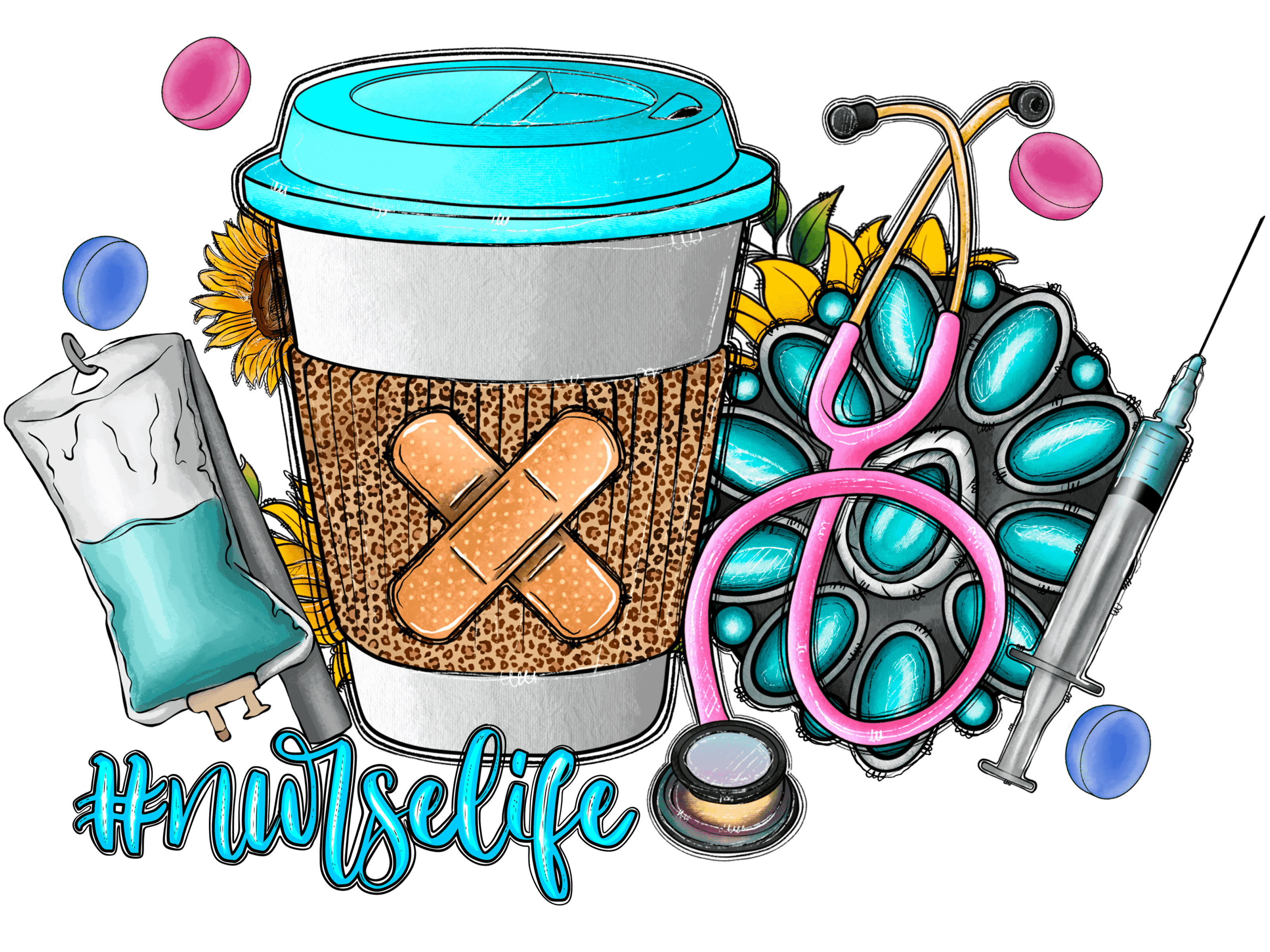 Coffee Scrubs Stethoscope Healthcare Worker DTF Transfer