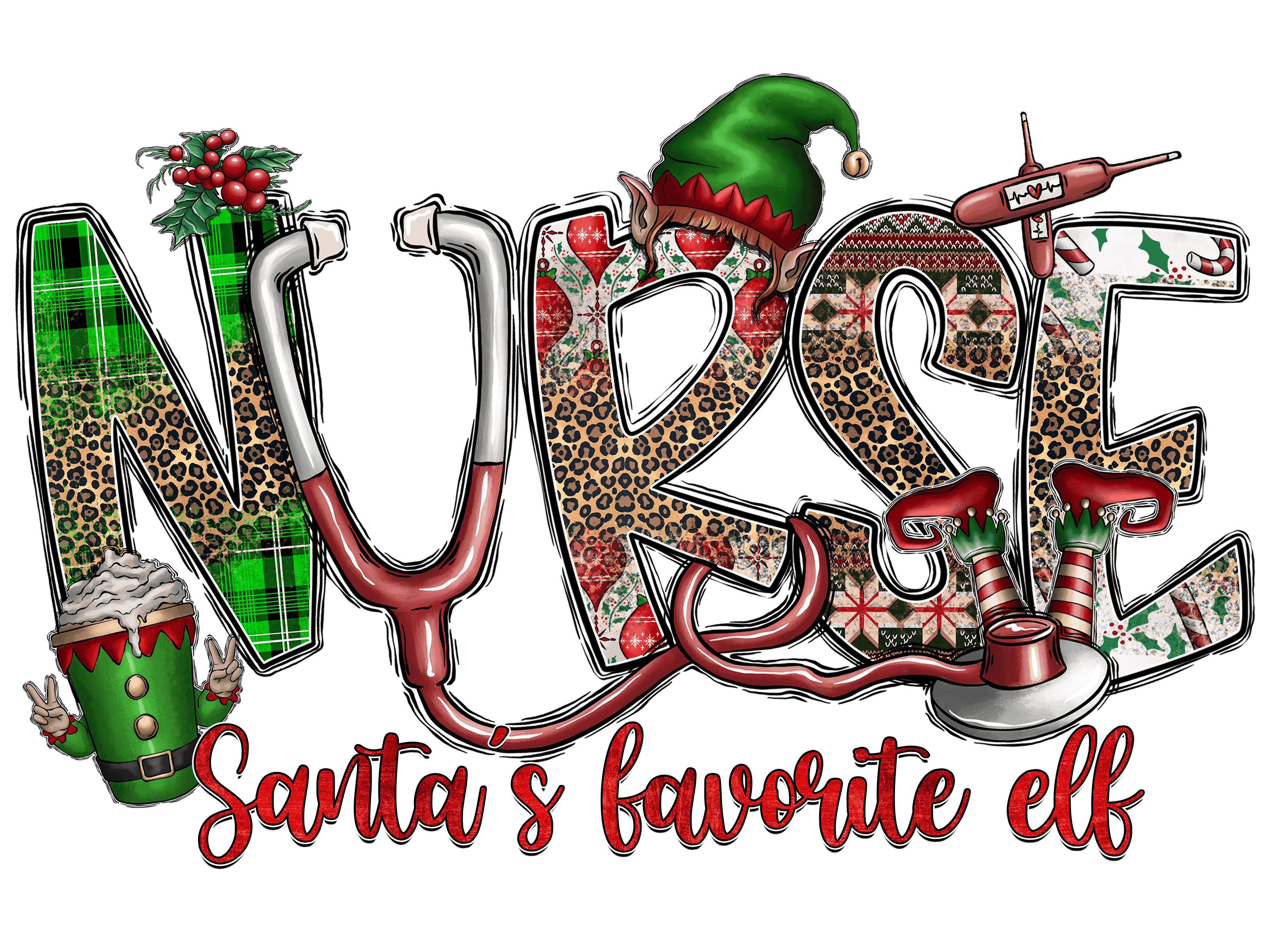 Nurse Santas Favorite Elf Christmas Nurse Leopard Plaid DTF Transfer