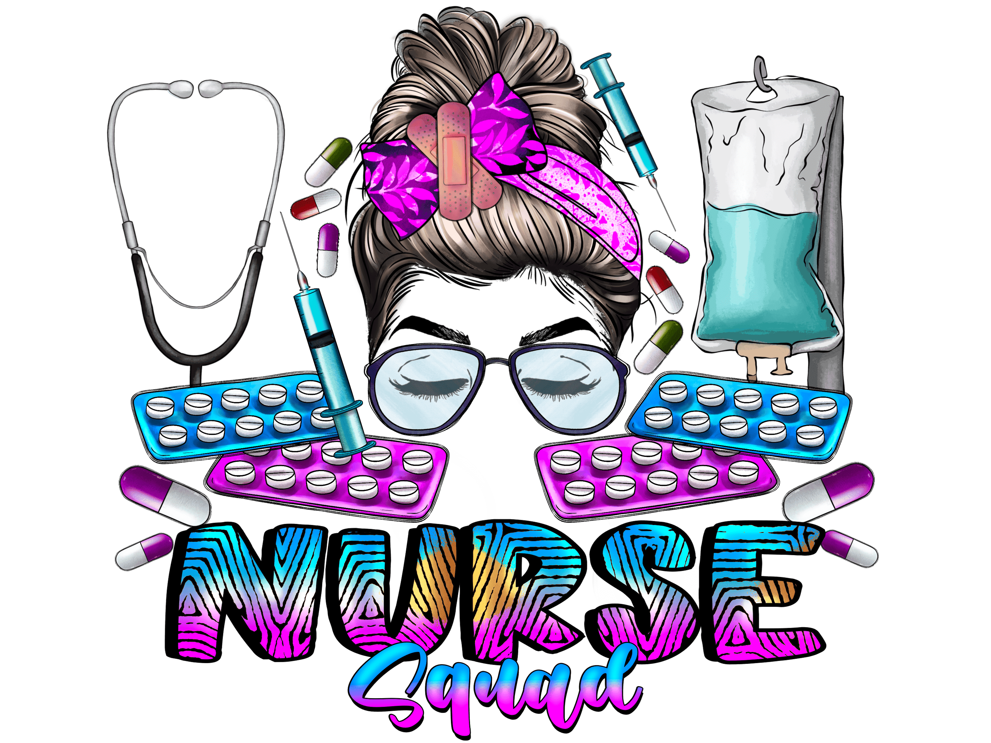 Nurse Squad Medical Nurse Messy Bun DTF Transfer