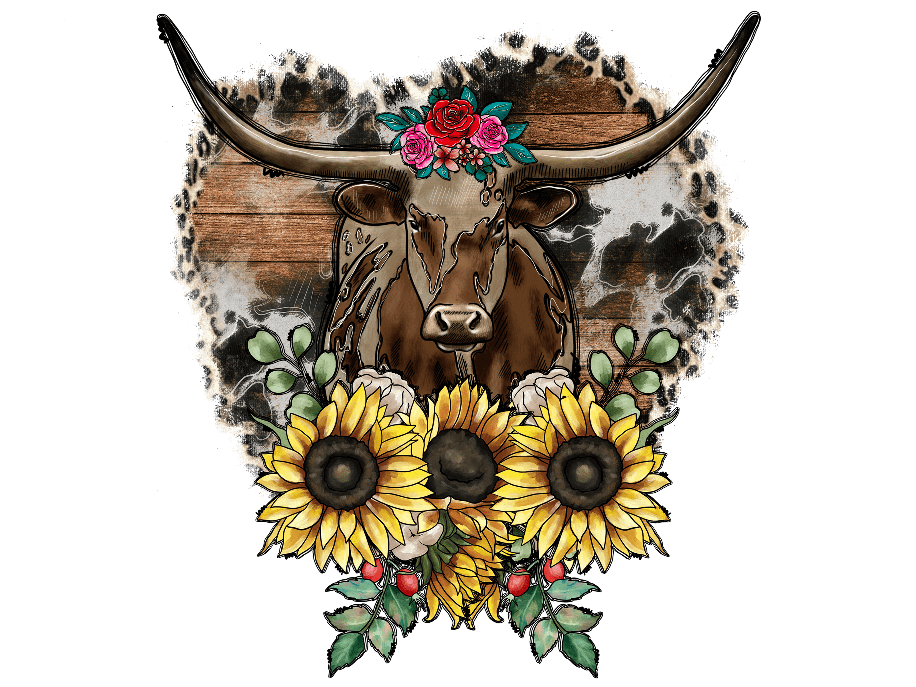 Western Highland Cow Sunflower Floral DTF Transfer
